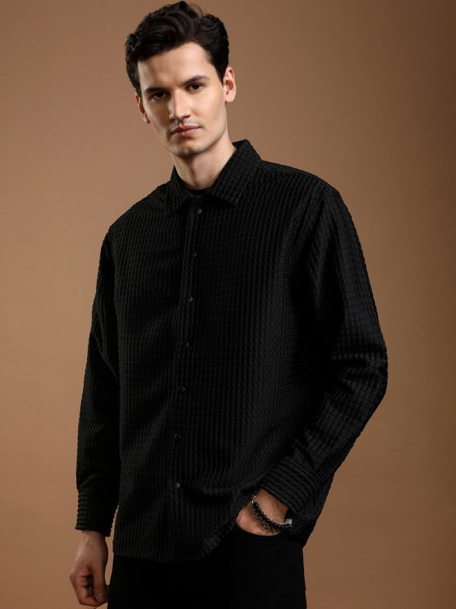 Highlander Men Black Textured Relaxed Fit Casual Shirt - Black - Image 4