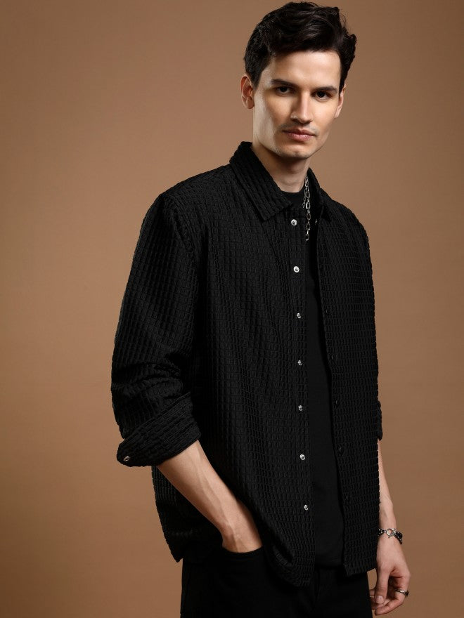 Highlander Men Black Textured Relaxed Fit Casual Shirt - Black - Image 6