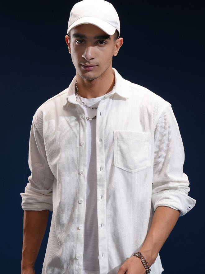 Highlander Men Black Solid Relaxed Fit Corduroy Casual Shirt - White - Image 1