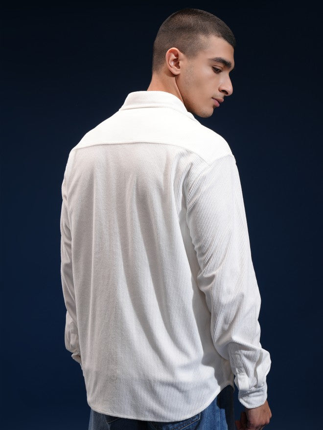 Highlander Men Black Solid Relaxed Fit Corduroy Casual Shirt - White - Image 3