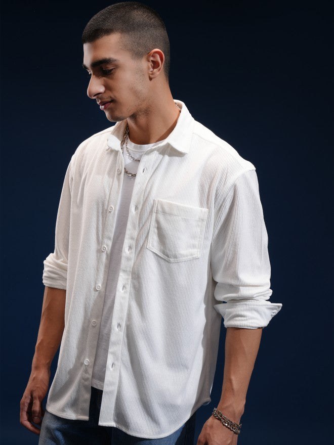 Highlander Men Black Solid Relaxed Fit Corduroy Casual Shirt - White - Image 4