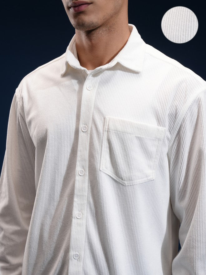 Highlander Men Black Solid Relaxed Fit Corduroy Casual Shirt - White - Image 5