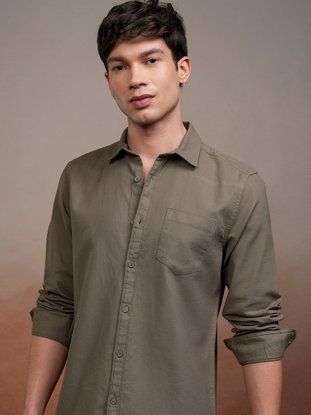 Highlander Men Khaki Self Design Slim Fit Casual Shirt - Khaki - Image 1