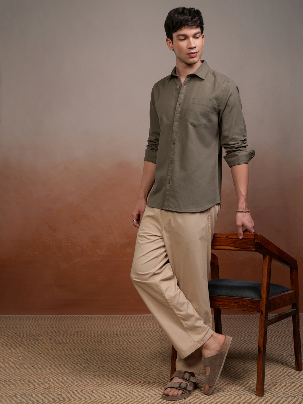 Highlander Men Khaki Self Design Slim Fit Casual Shirt - Khaki - Image 2
