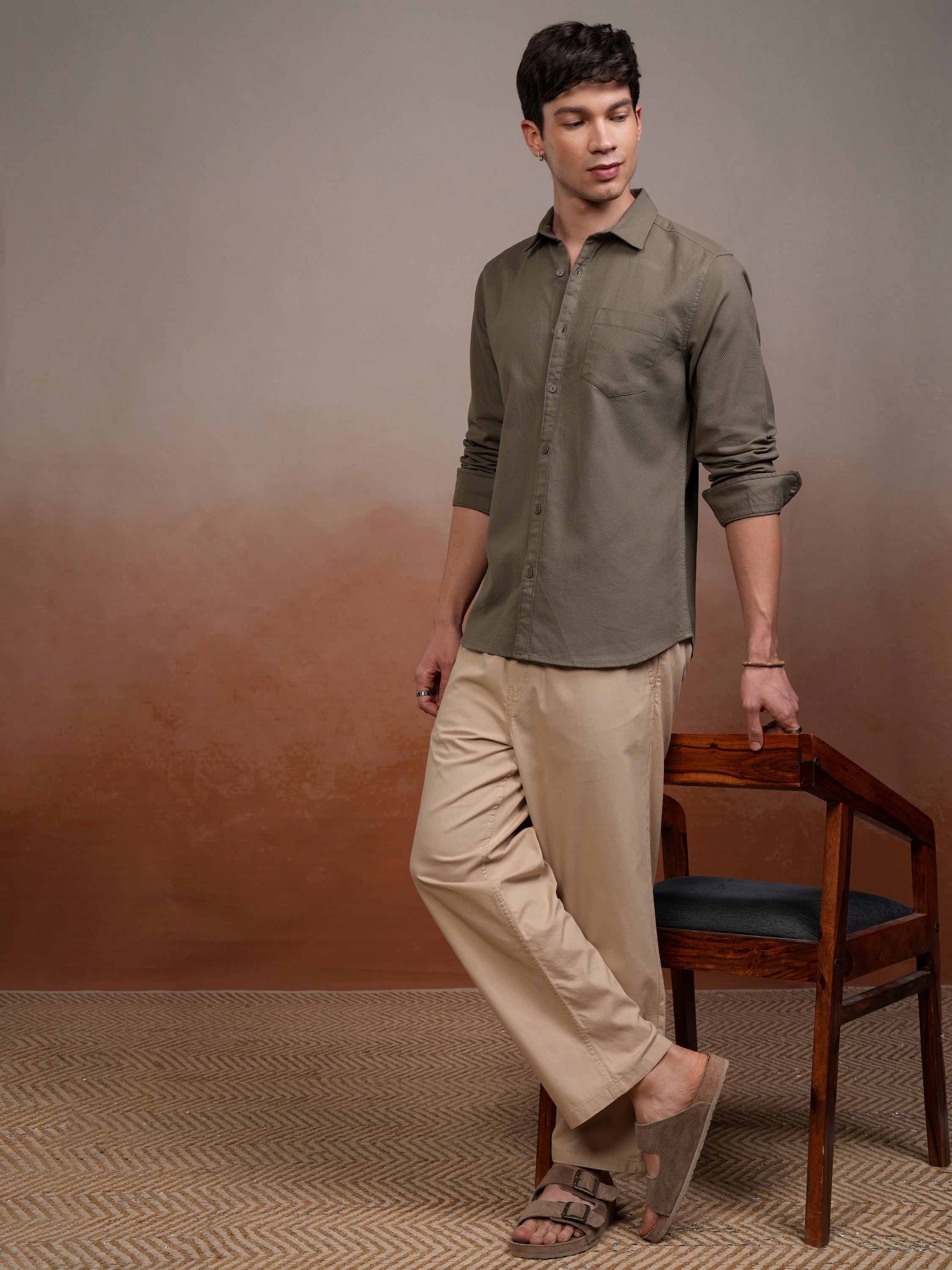Highlander Men Khaki Self Design Slim Fit Casual Shirt - Khaki - Image 2