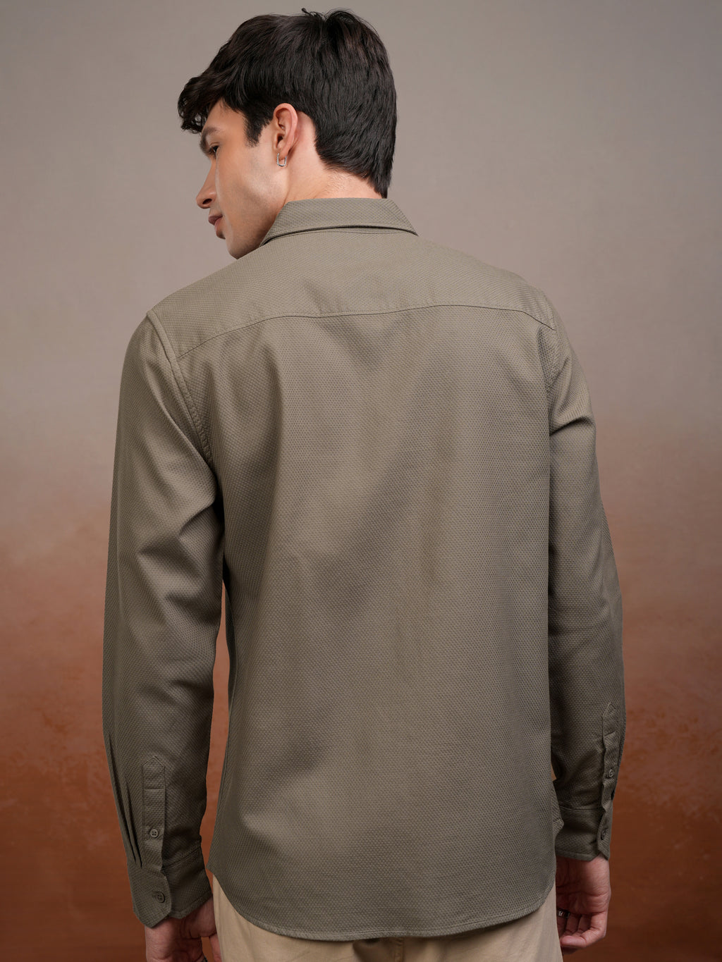Highlander Men Khaki Self Design Slim Fit Casual Shirt - Khaki - Image 3