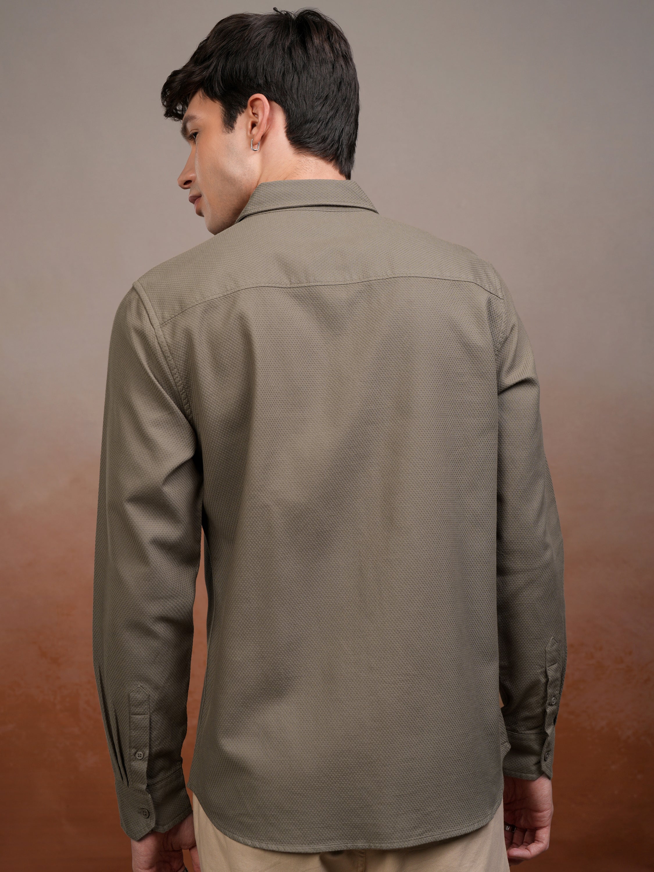 Highlander Men Khaki Self Design Slim Fit Casual Shirt - Khaki - Image 3