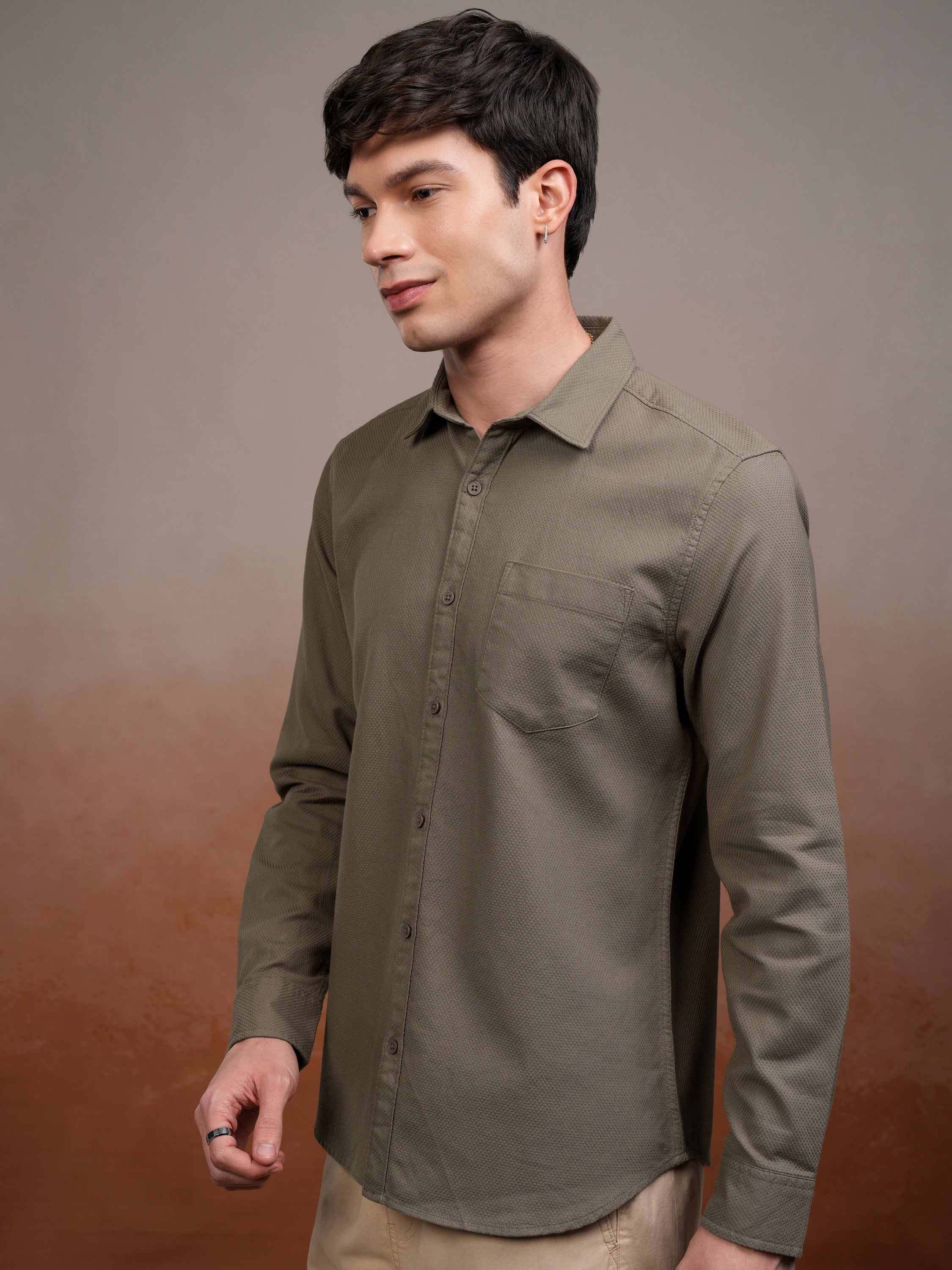 Highlander Men Khaki Self Design Slim Fit Casual Shirt - Khaki - Image 4