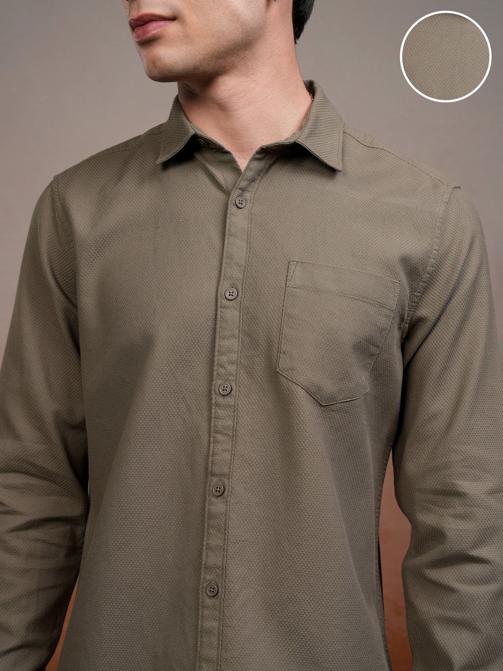 Highlander Men Khaki Self Design Slim Fit Casual Shirt - Khaki - Image 5