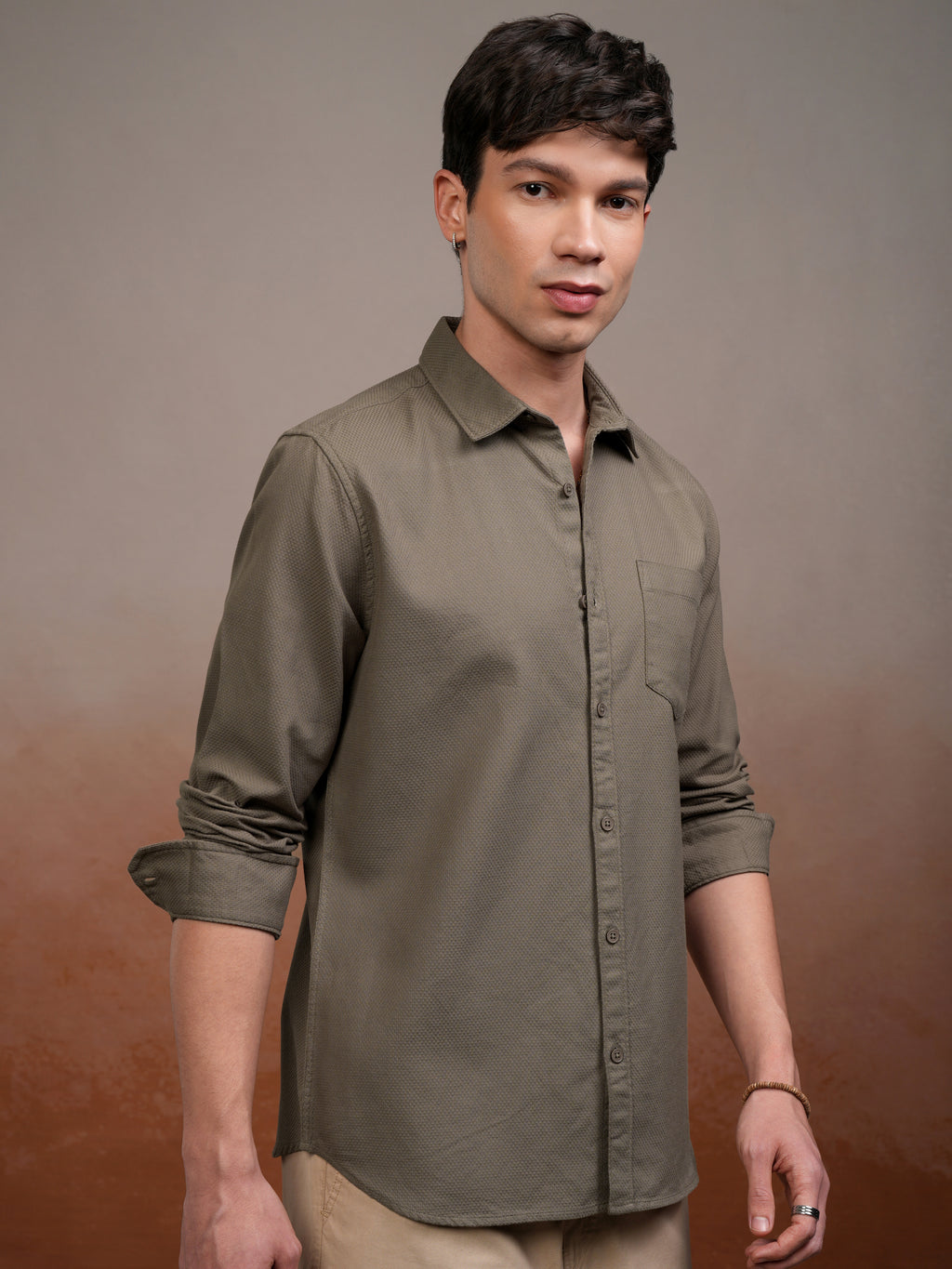 Highlander Men Khaki Self Design Slim Fit Casual Shirt - Khaki - Image 6