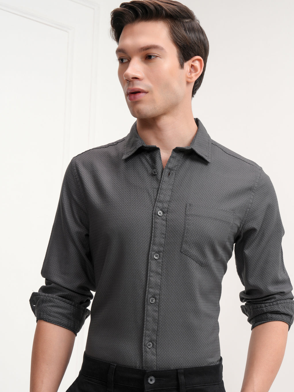 Highlander Men Grey Self Design Slim Fit Casual Shirt - Grey - Image 1