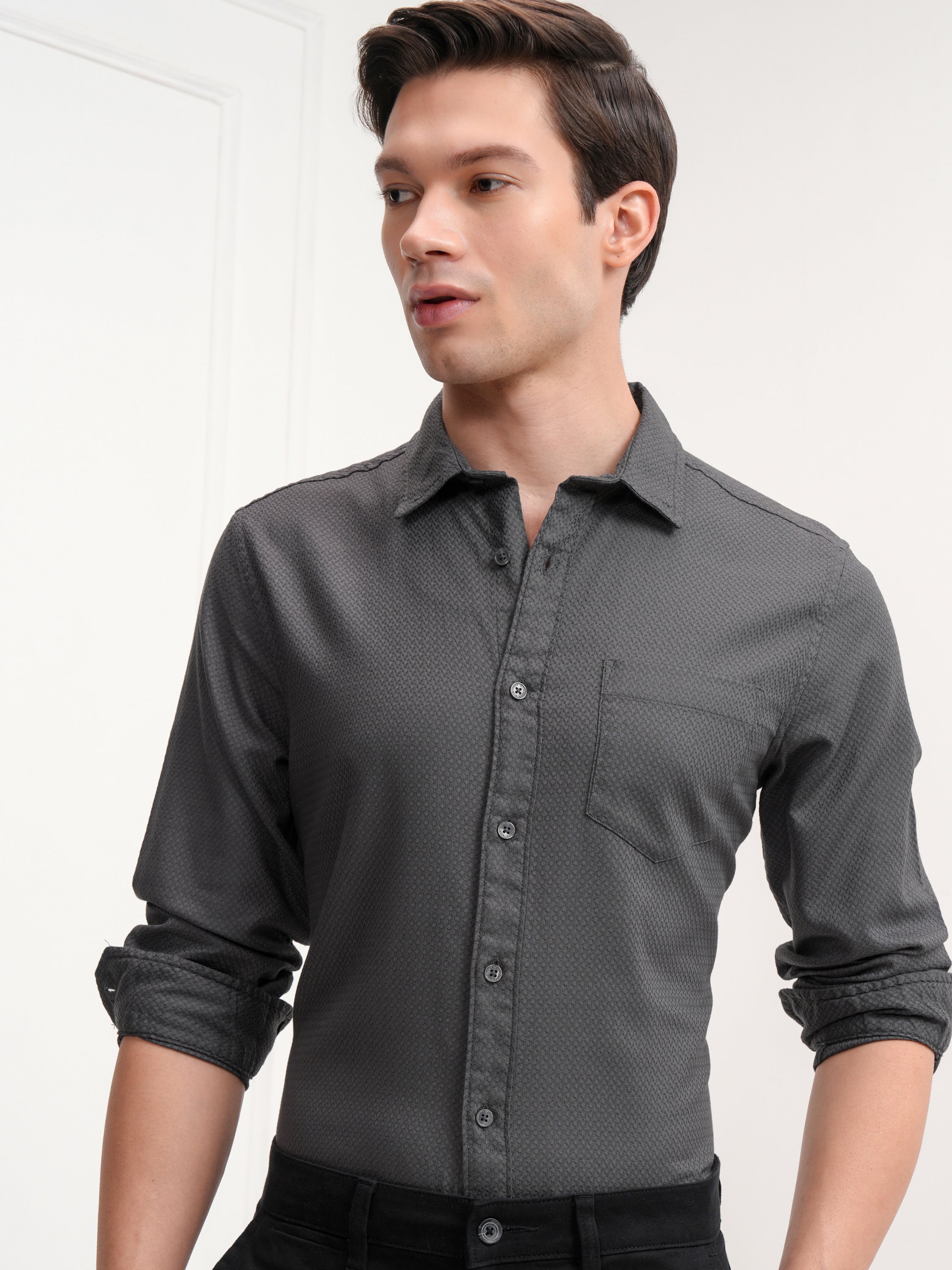 Highlander Men Grey Self Design Slim Fit Casual Shirt - Grey - Image 1
