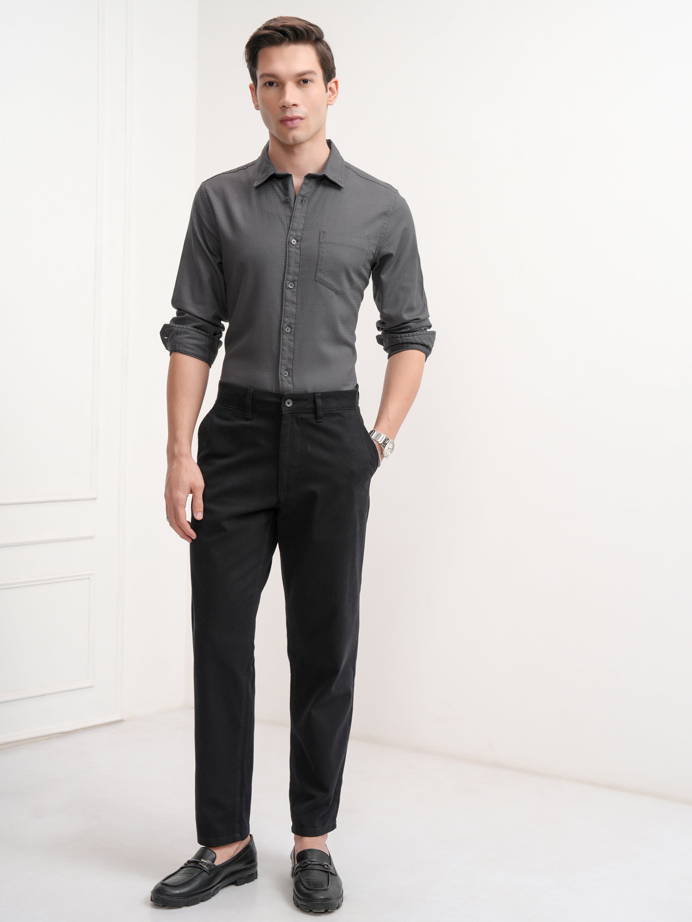 Highlander Men Grey Self Design Slim Fit Casual Shirt - Grey - Image 2