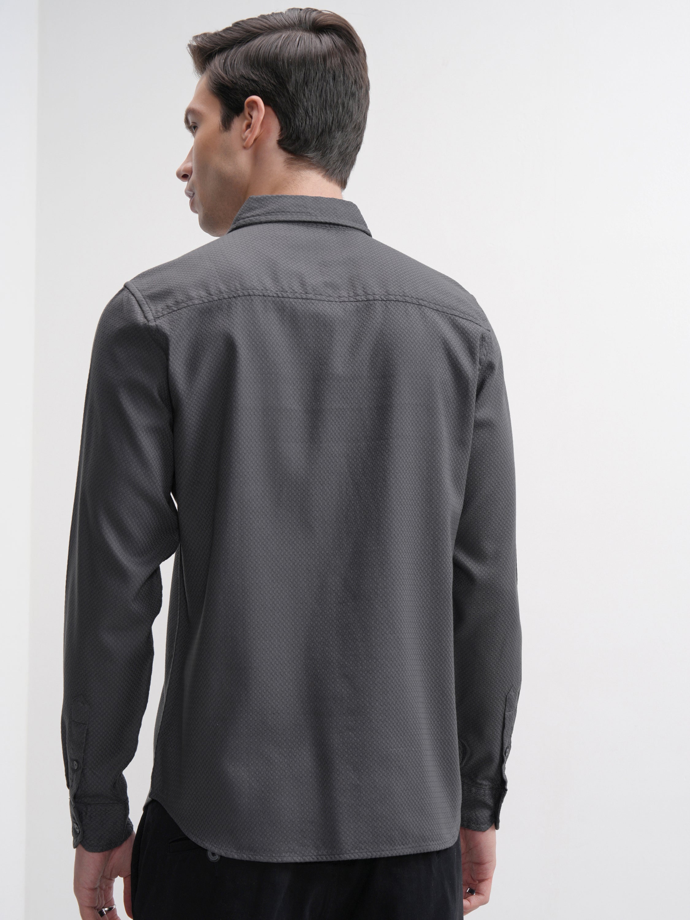 Highlander Men Grey Self Design Slim Fit Casual Shirt - Grey - Image 3