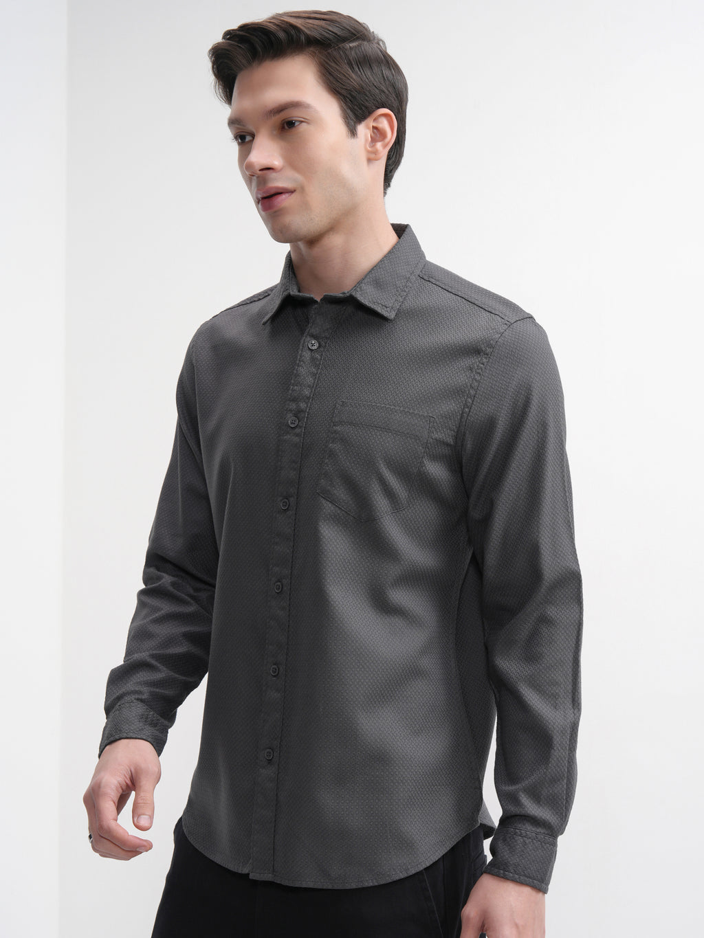 Highlander Men Grey Self Design Slim Fit Casual Shirt - Grey - Image 4