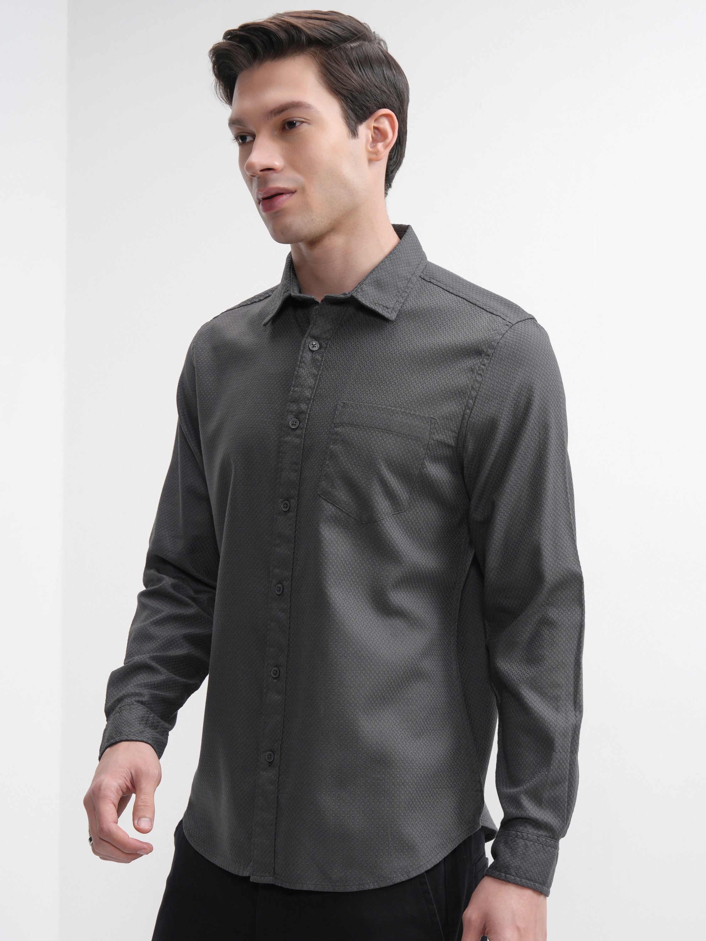 Highlander Men Grey Self Design Slim Fit Casual Shirt - Grey - Image 4