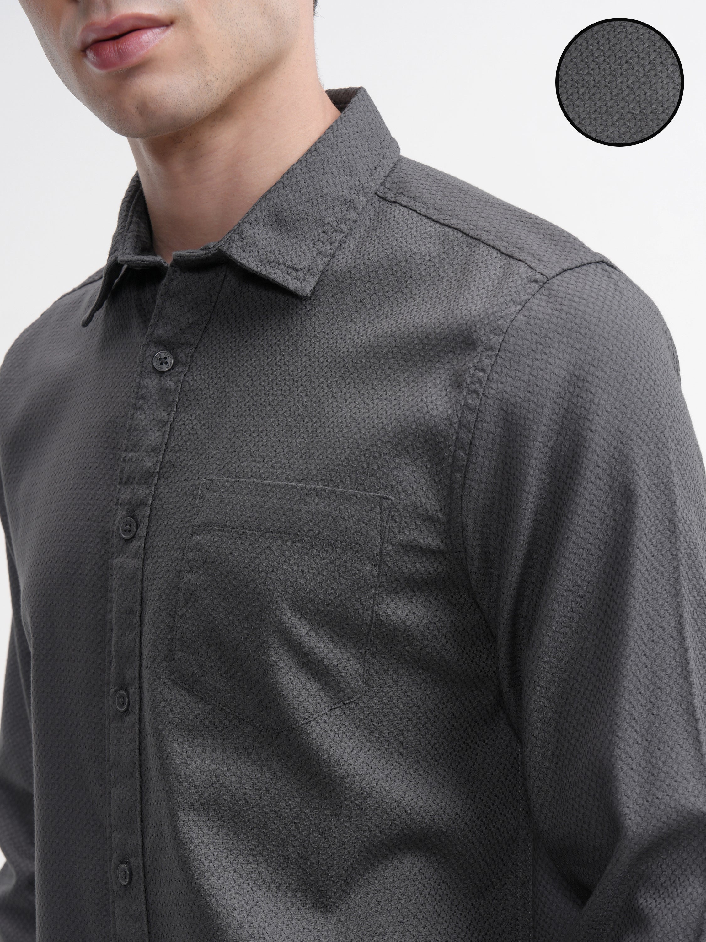 Highlander Men Grey Self Design Slim Fit Casual Shirt - Grey - Image 5
