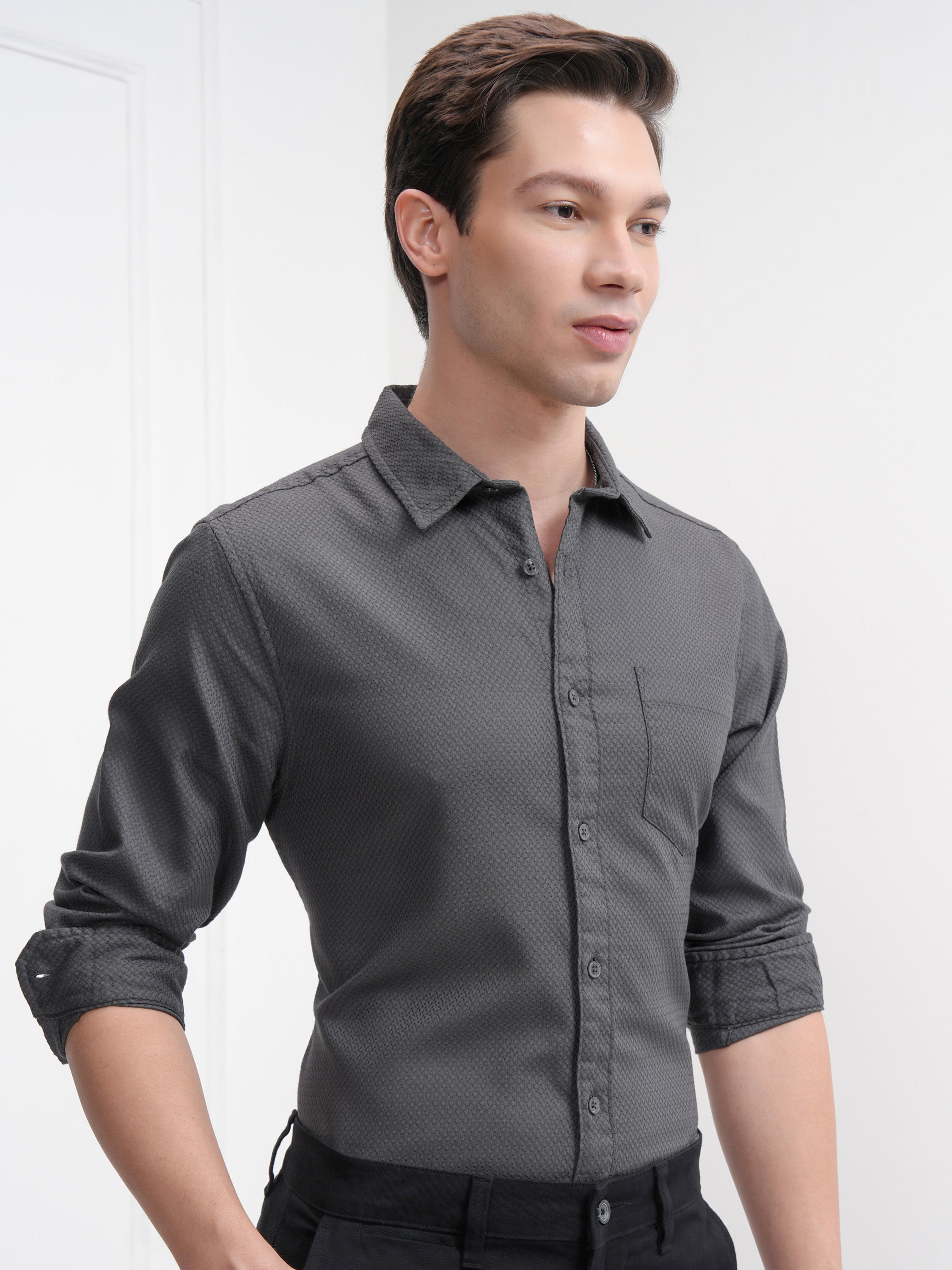 Highlander Men Grey Self Design Slim Fit Casual Shirt - Grey - Image 6