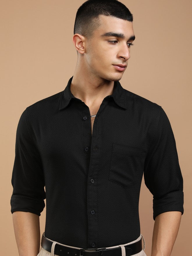 Highlander Men Black Self Design Slim Fit Casual Shirt - Black - Image 1
