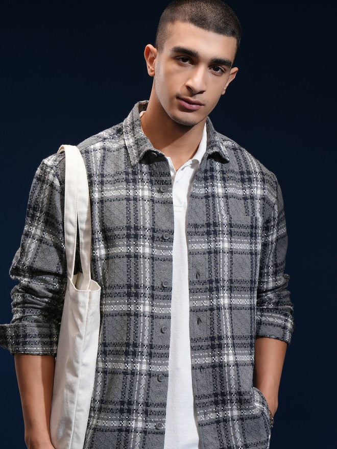 Highlander Men Grey Checked Relaxed Fit Casual Shirt - Grey - Image 1