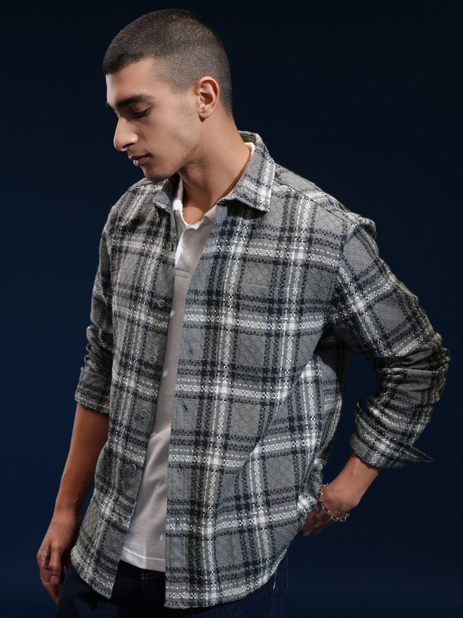 Highlander Men Grey Checked Relaxed Fit Casual Shirt - Grey - Image 4