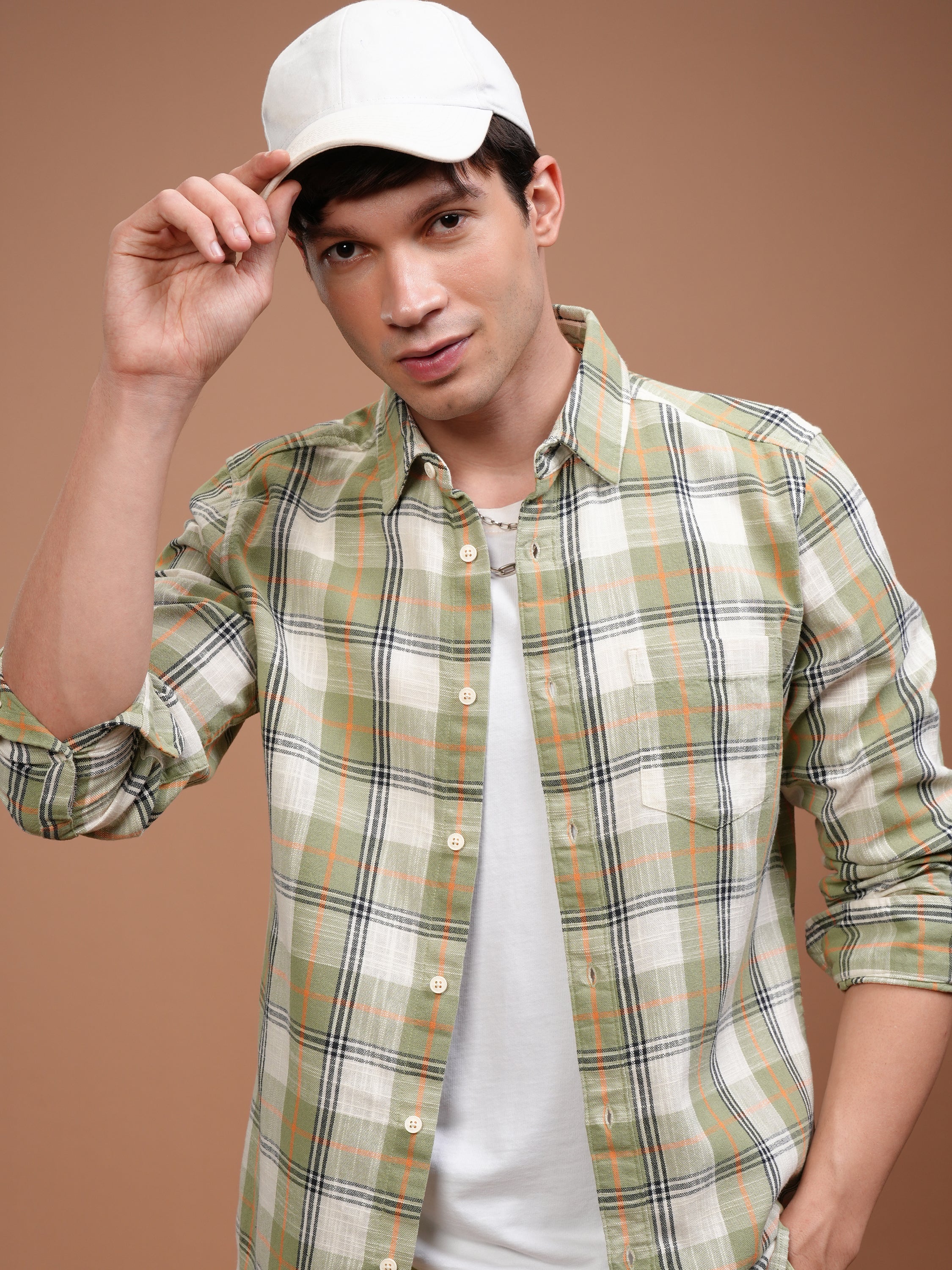 Highlander Men Olive Checked Slim Fit Casual Shirt - Olive - Image 1