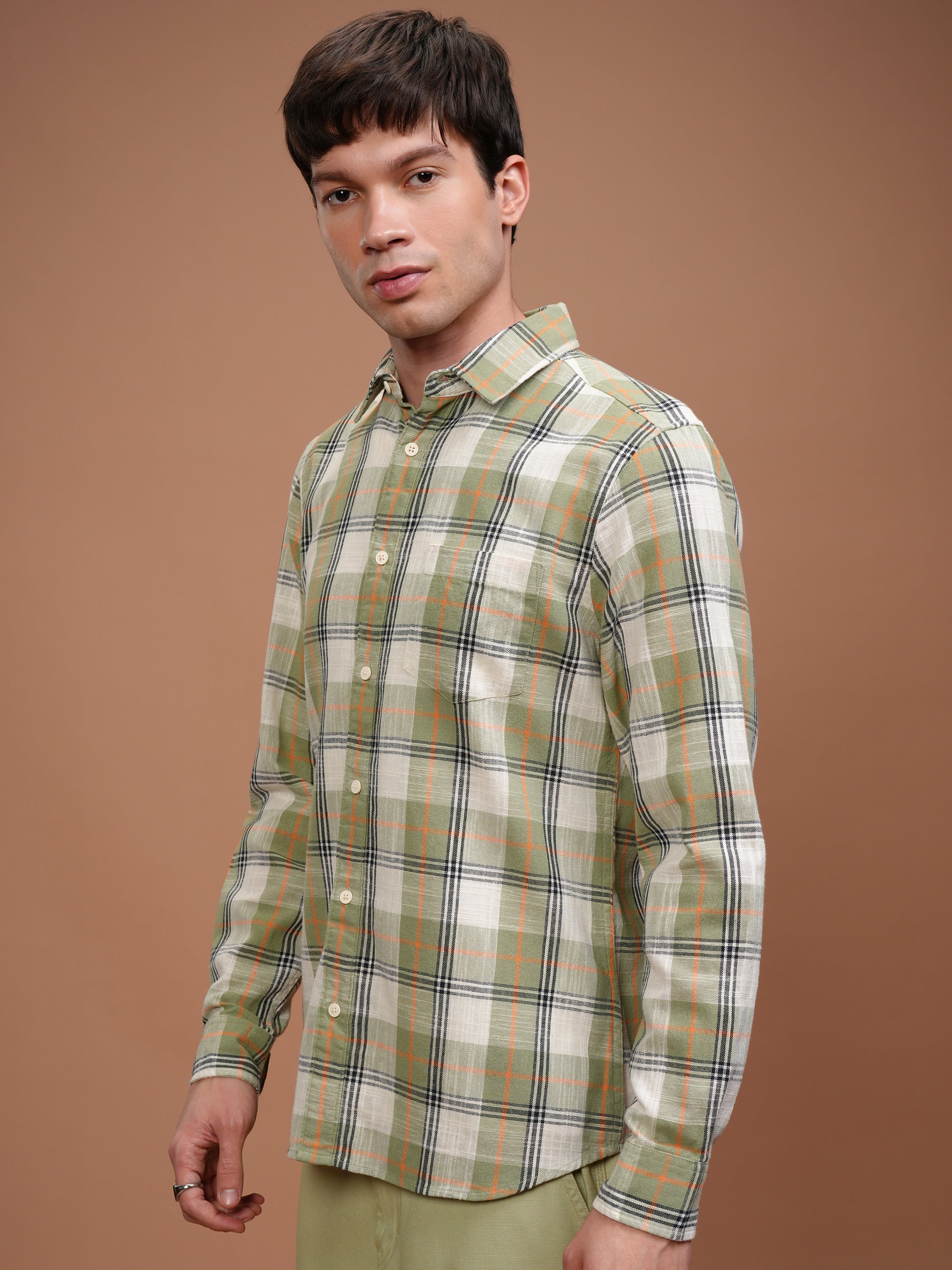 Highlander Men Olive Checked Slim Fit Casual Shirt - Olive - Image 4