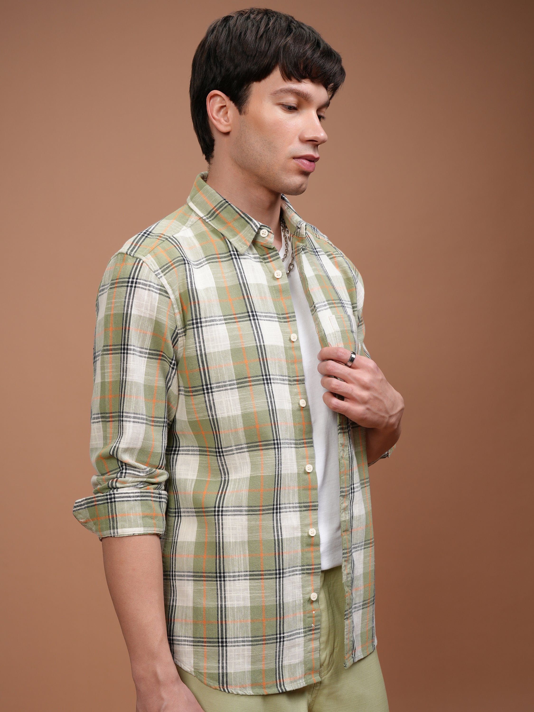 Highlander Men Olive Checked Slim Fit Casual Shirt - Olive - Image 6