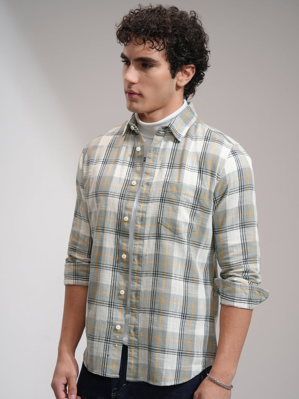 Highlander Men Grey Checked Slim Fit Casual Shirt - Grey - Image 4
