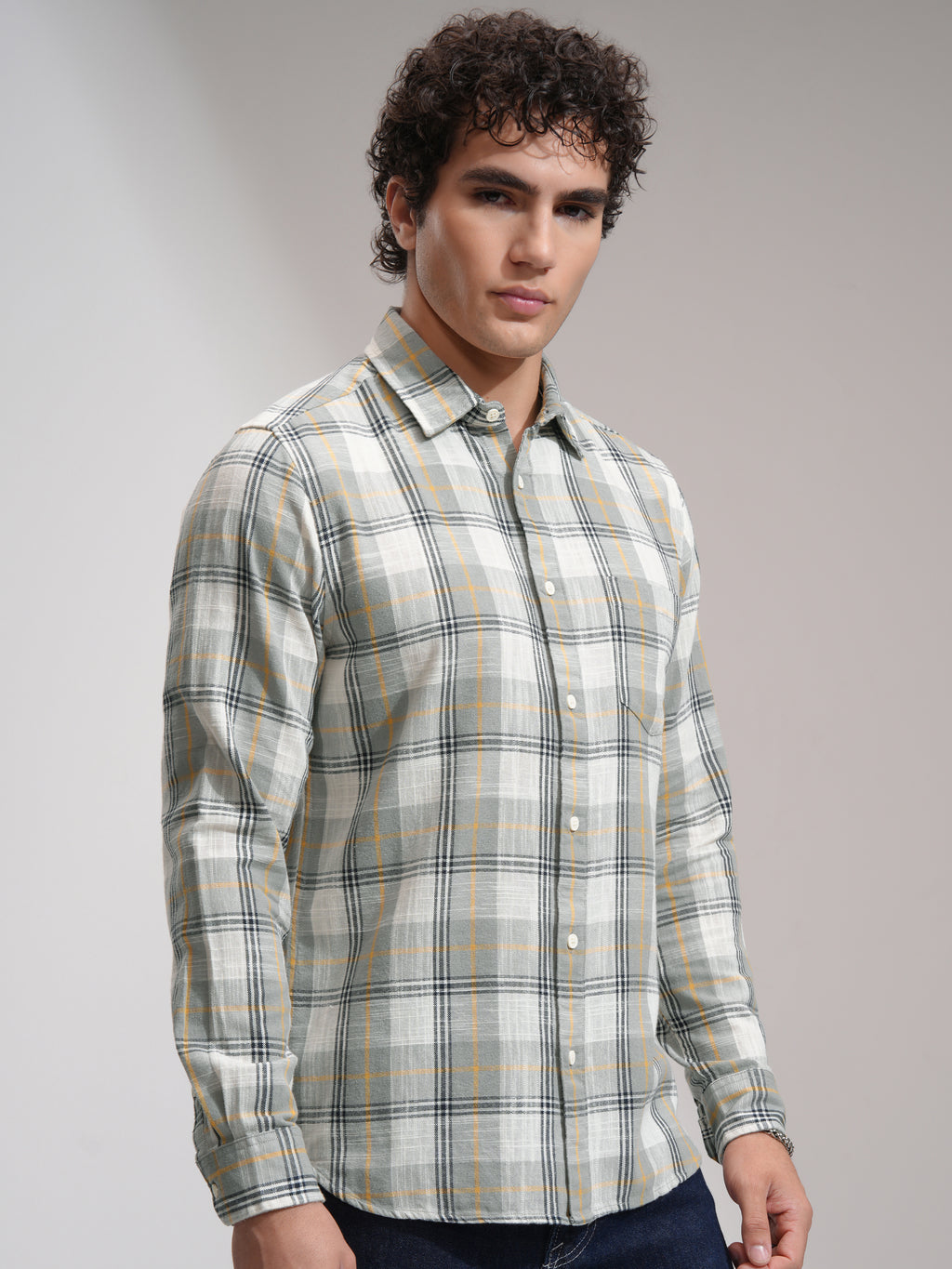 Highlander Men Grey Checked Slim Fit Casual Shirt - Grey - Image 6