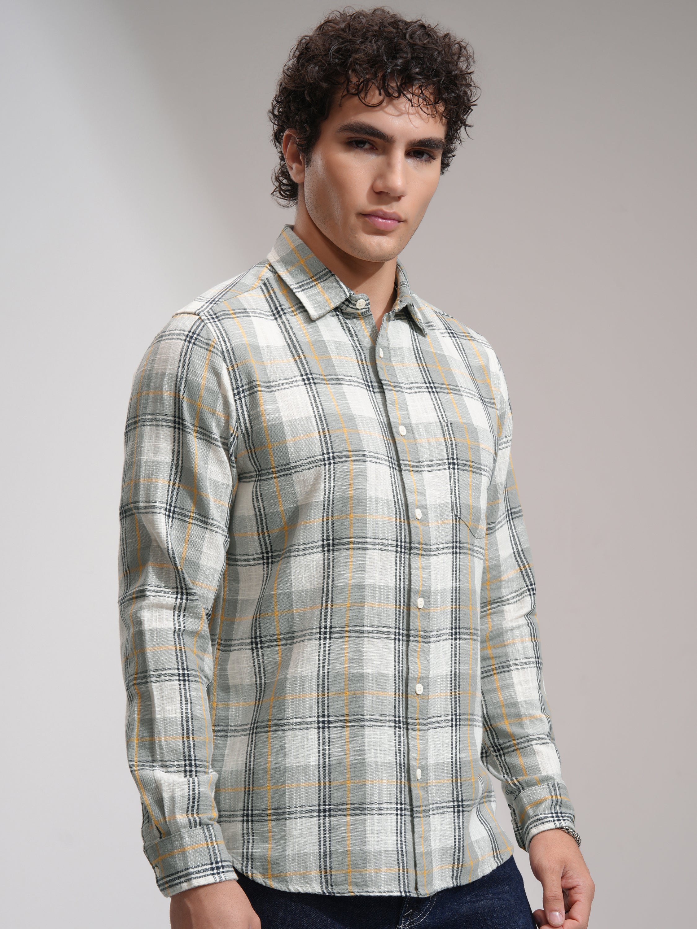 Highlander Men Grey Checked Slim Fit Casual Shirt - Grey - Image 6