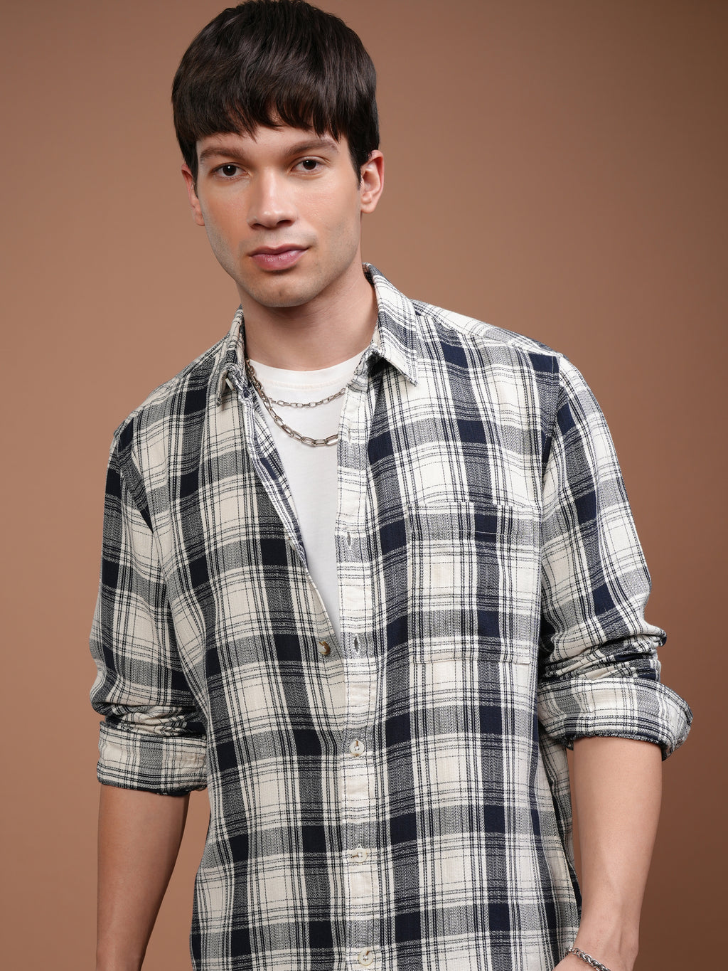 Highlander Men Cream Checked Relaxed Fit Casual Shirt - Cream - Image 1