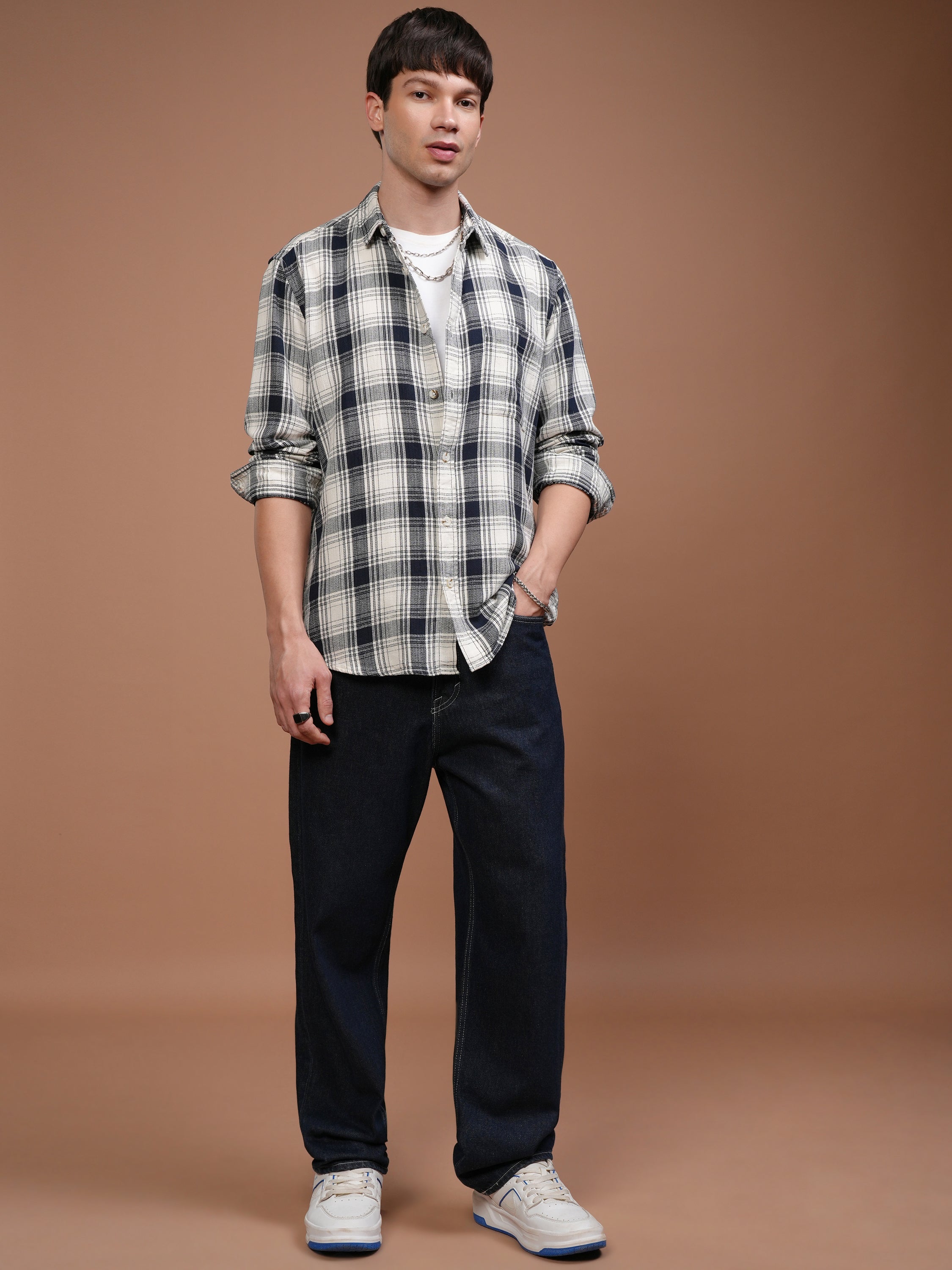 Highlander Men Cream Checked Relaxed Fit Casual Shirt - Cream - Image 2