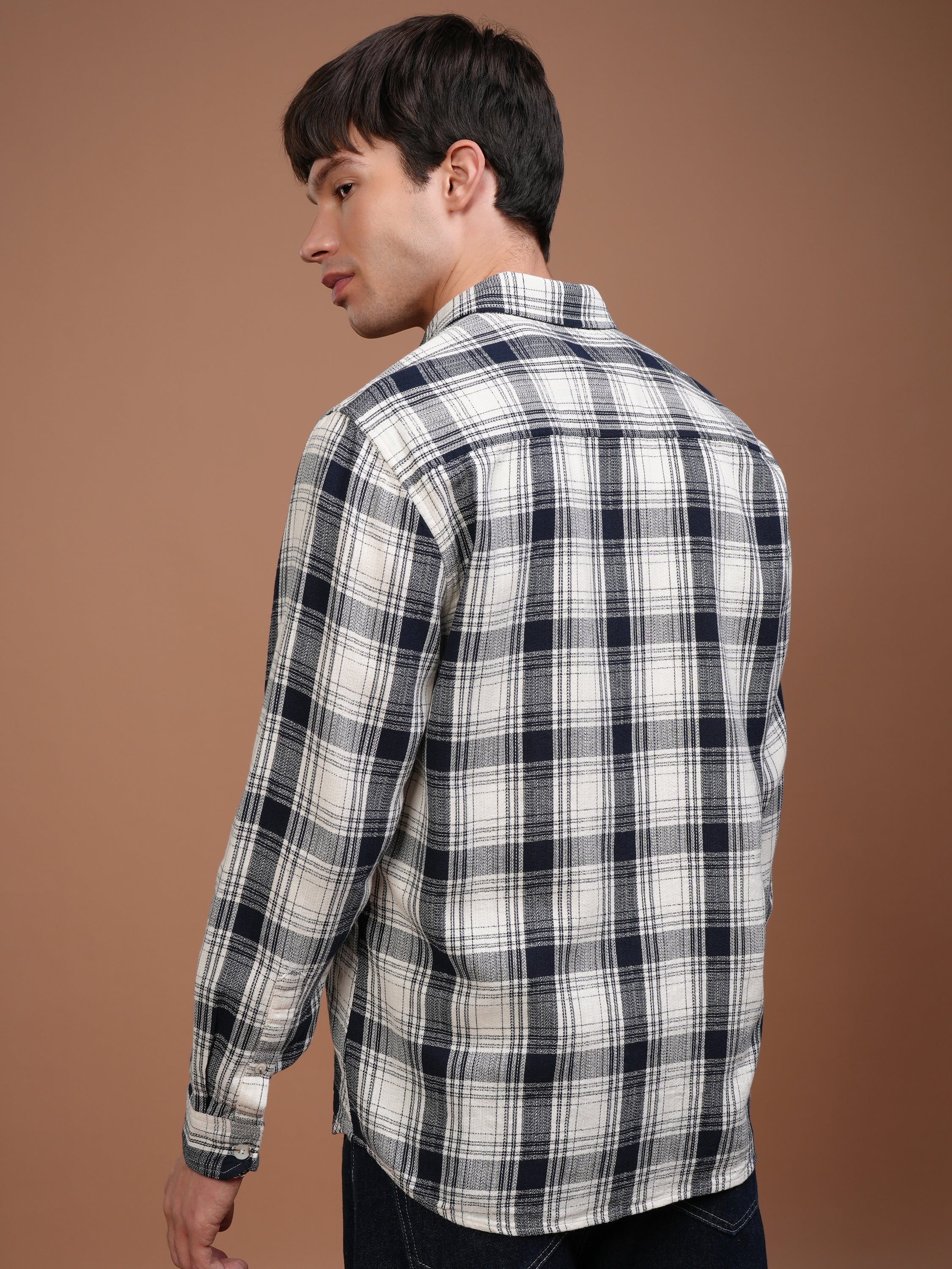 Highlander Men Cream Checked Relaxed Fit Casual Shirt - Cream - Image 3