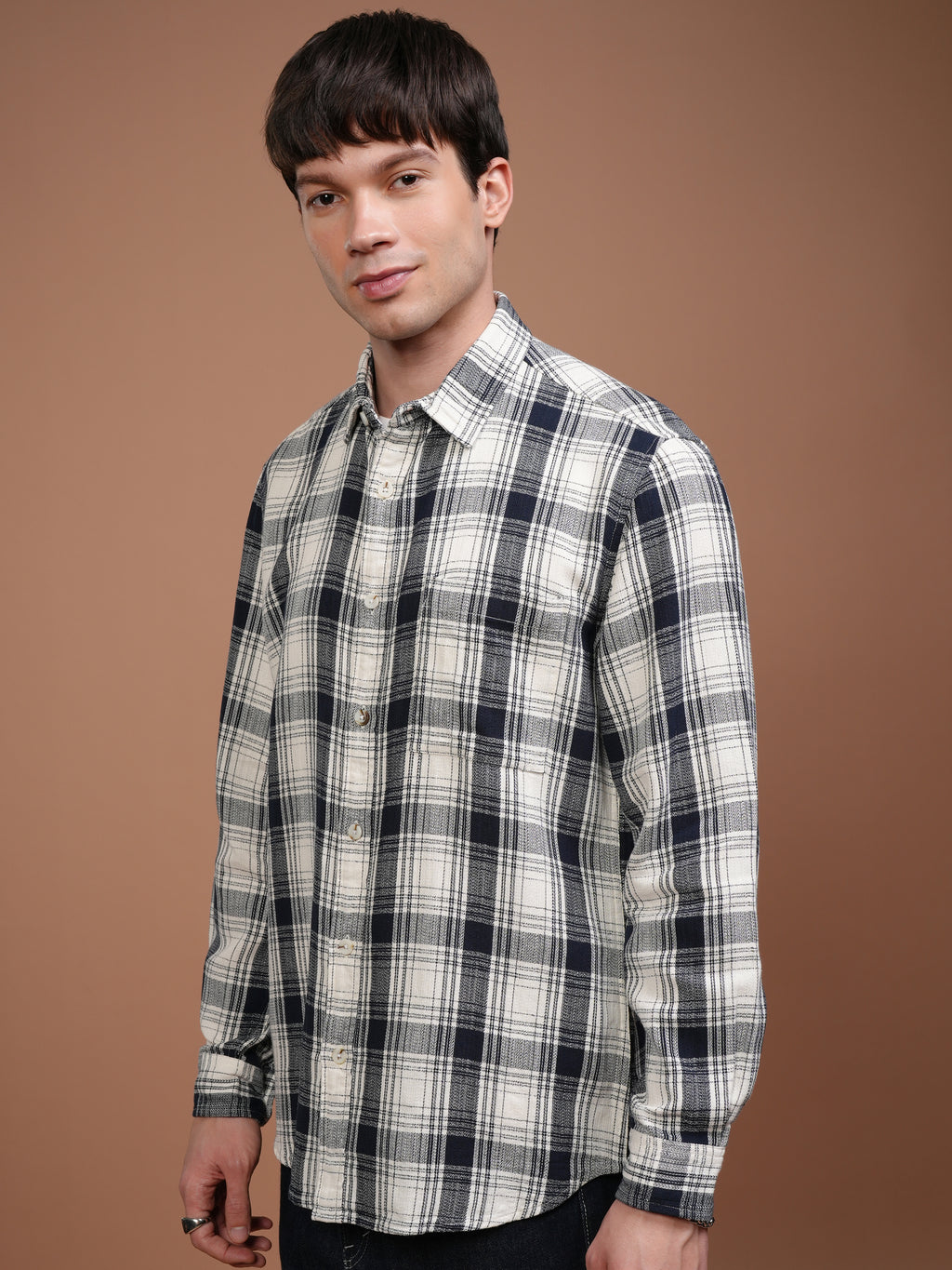 Highlander Men Cream Checked Relaxed Fit Casual Shirt - Cream - Image 4