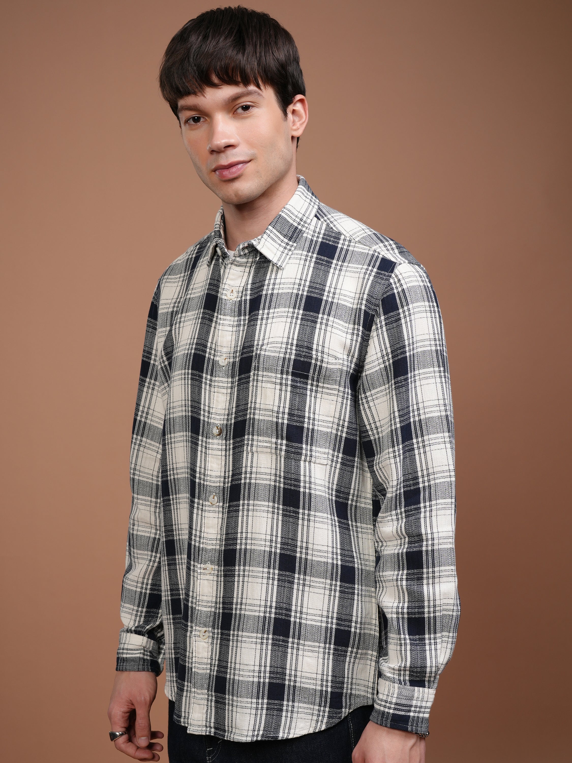 Highlander Men Cream Checked Relaxed Fit Casual Shirt - Cream - Image 4