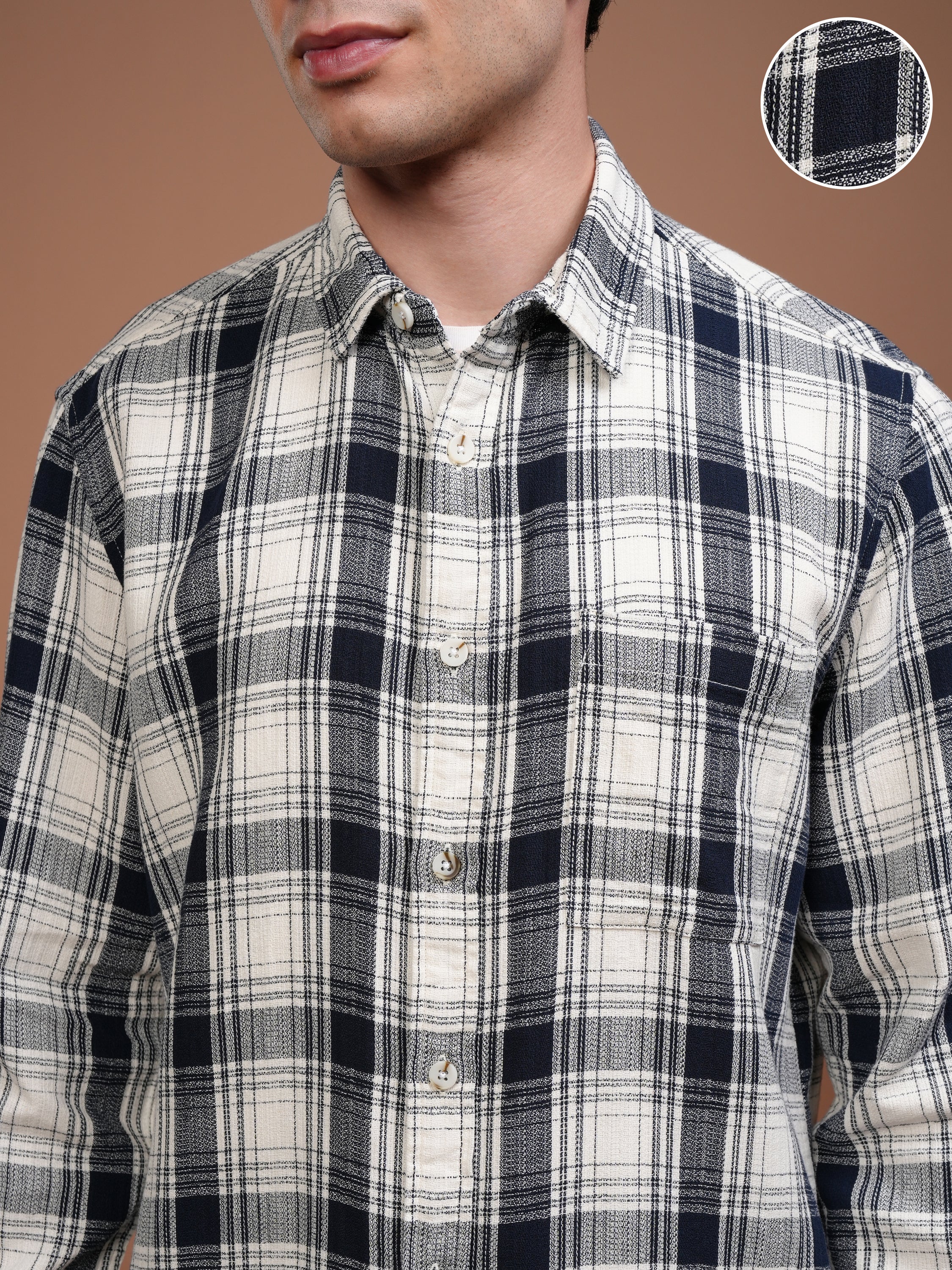 Highlander Men Cream Checked Relaxed Fit Casual Shirt - Cream - Image 5