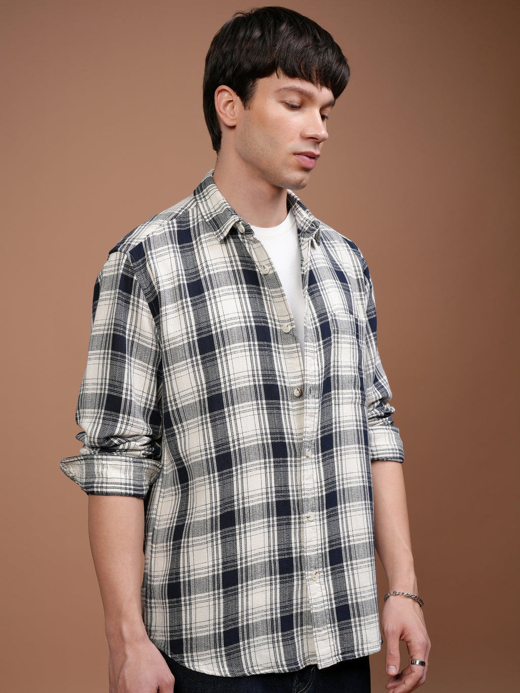 Highlander Men Cream Checked Relaxed Fit Casual Shirt - Cream - Image 6