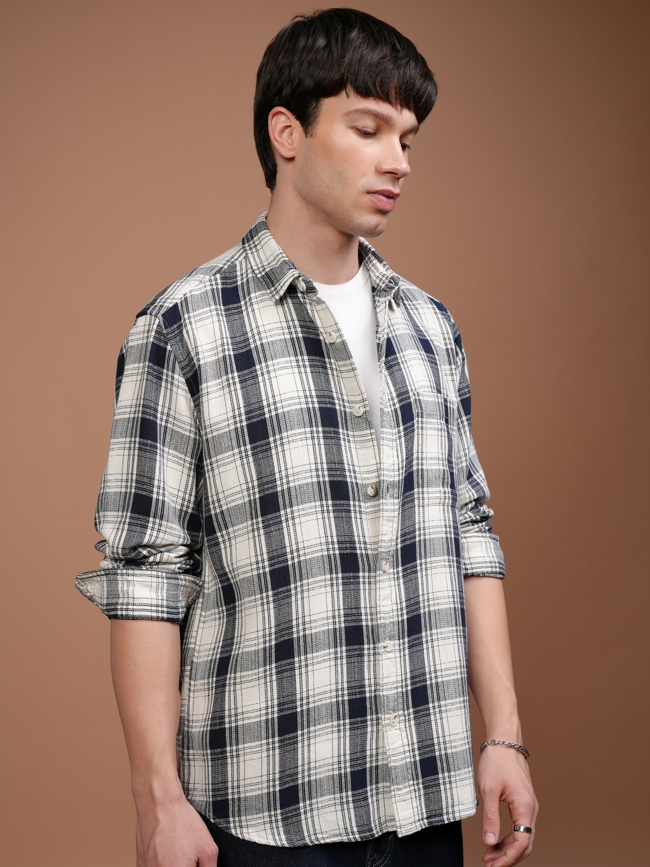 Highlander Men Cream Checked Relaxed Fit Casual Shirt - Cream - Image 6