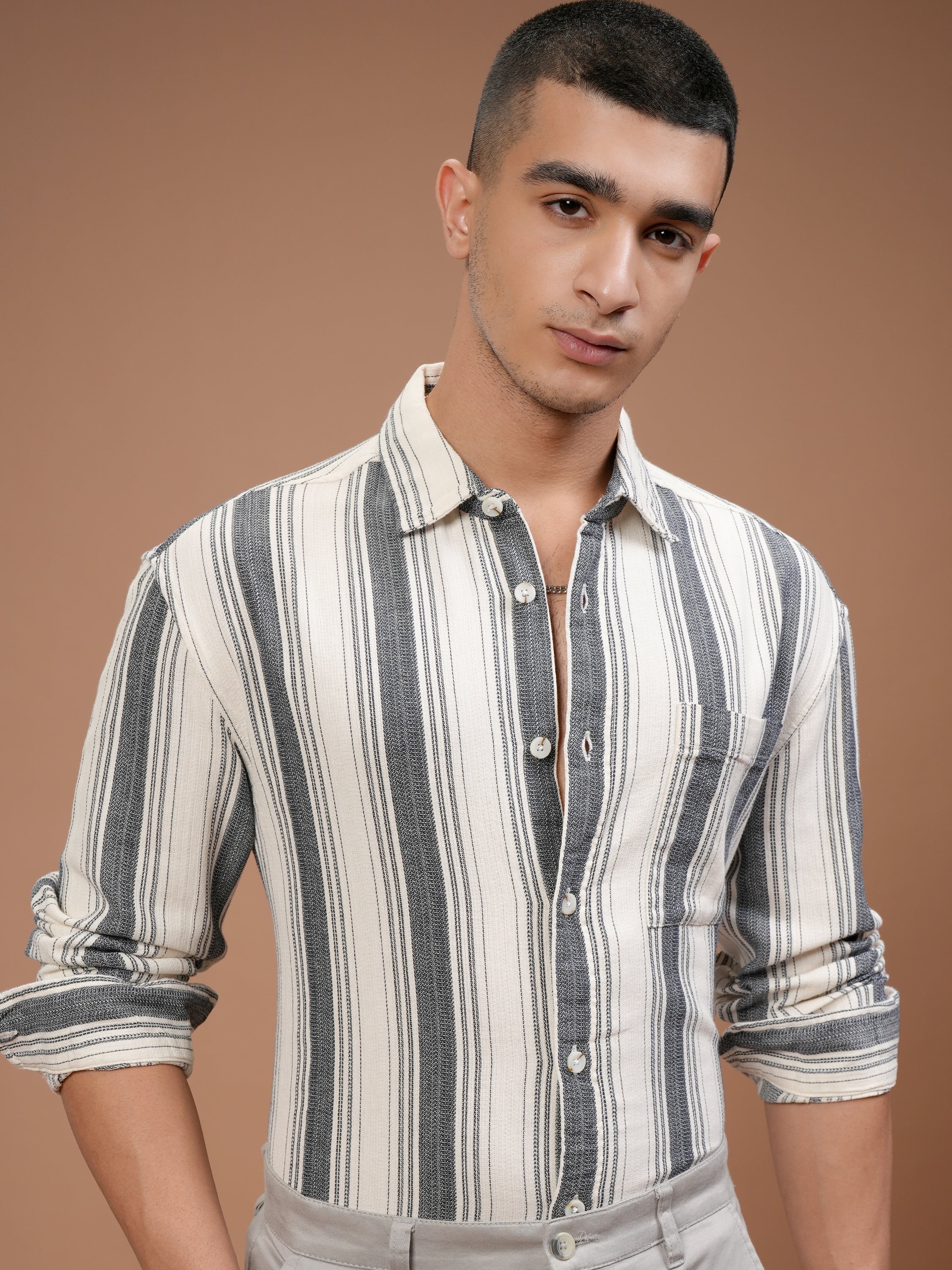 Highlander Men Cream Striped Relaxed Fit Casual Shirt - Cream - Image 1