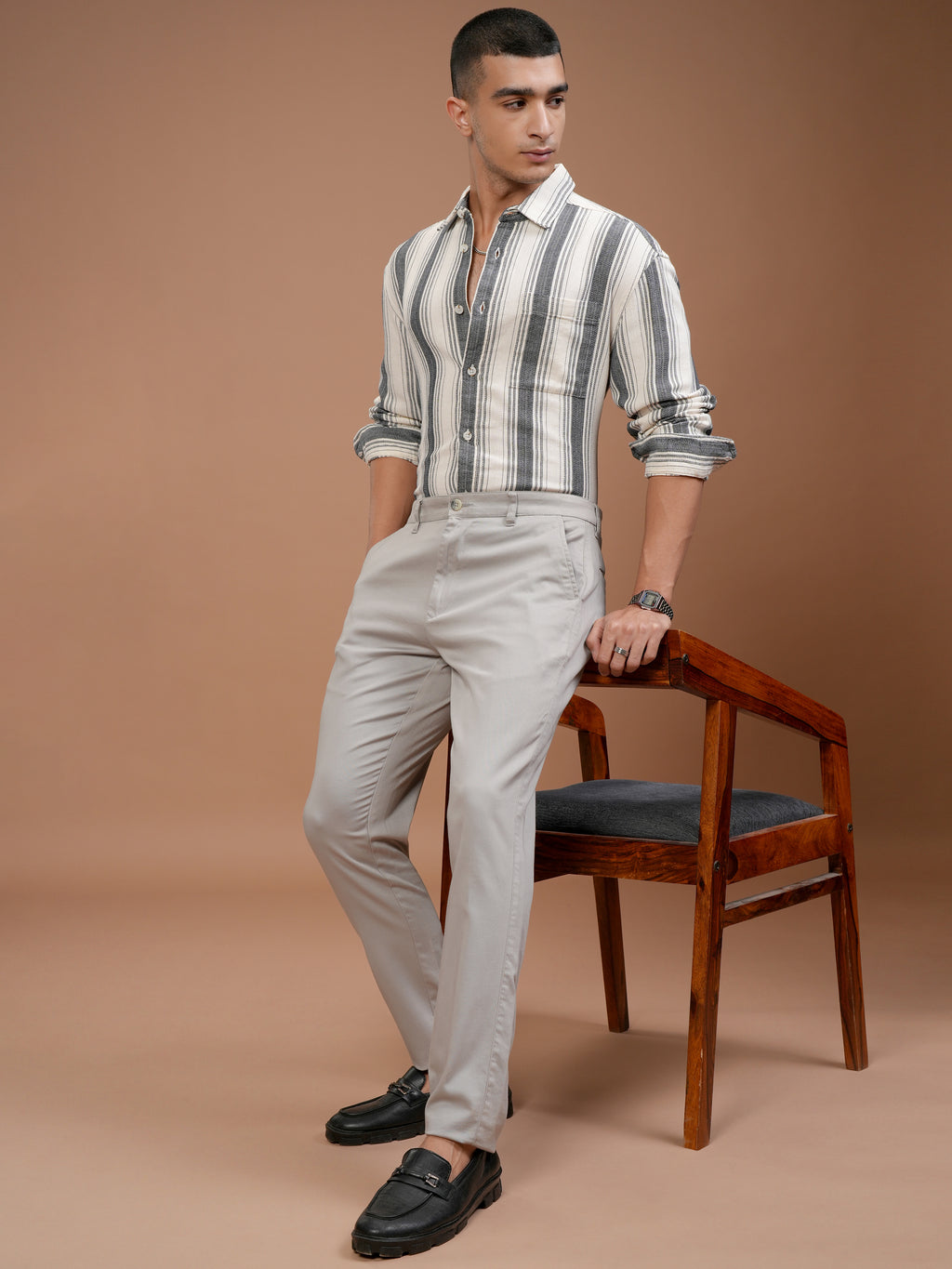 Highlander Men Cream Striped Relaxed Fit Casual Shirt - Cream - Image 2