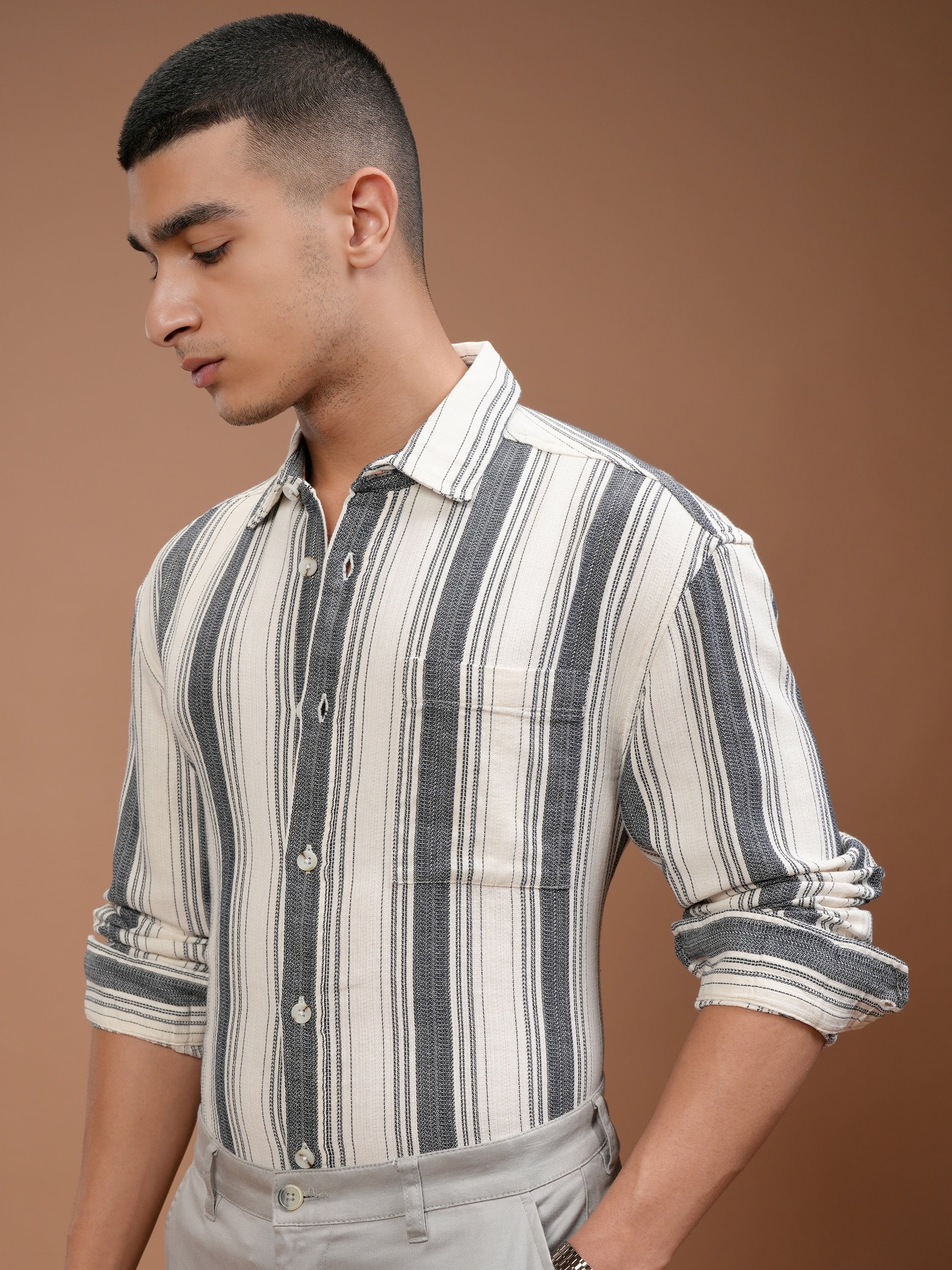 Highlander Men Cream Striped Relaxed Fit Casual Shirt - Cream - Image 4