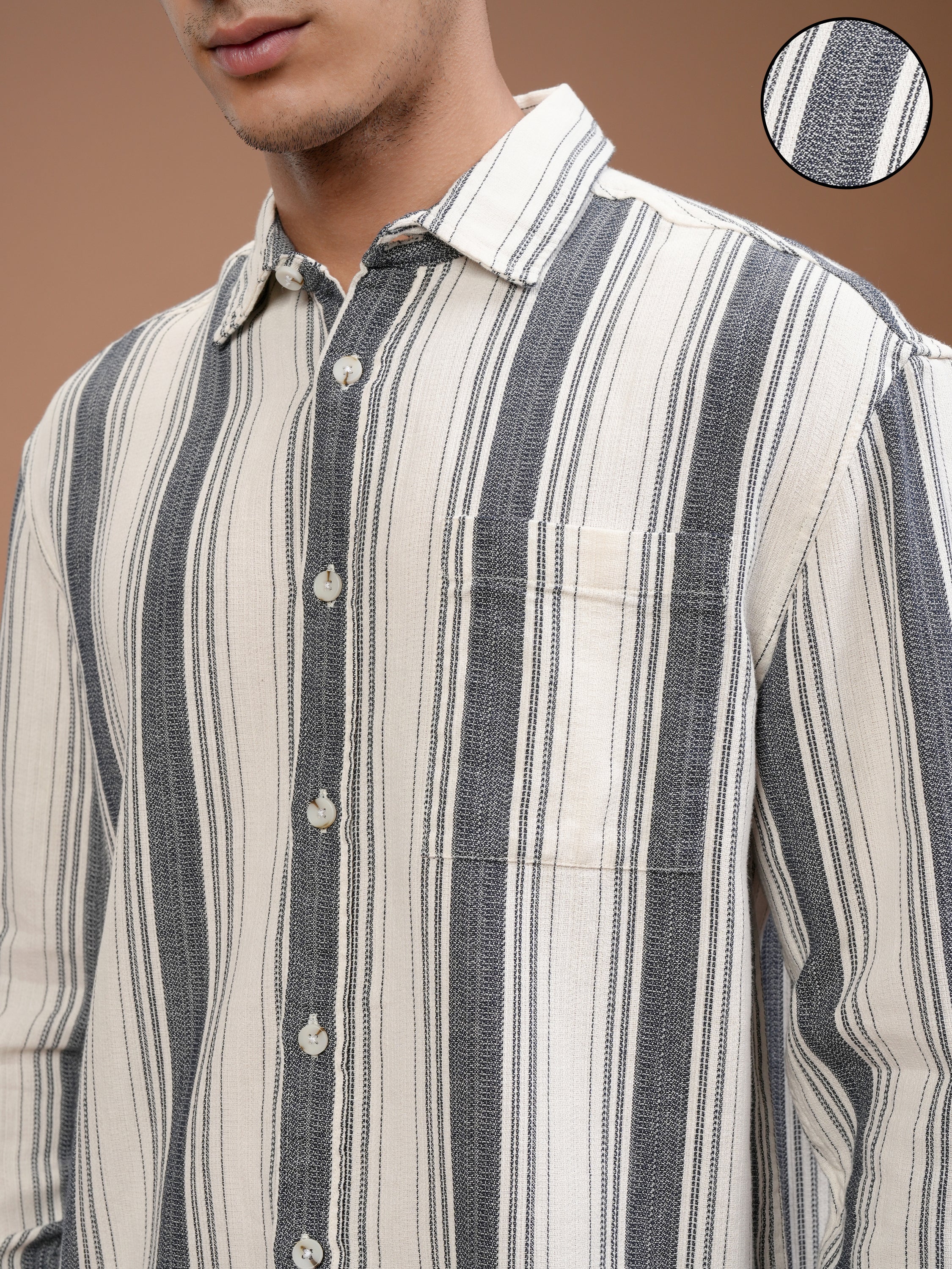 Highlander Men Cream Striped Relaxed Fit Casual Shirt - Cream - Image 5