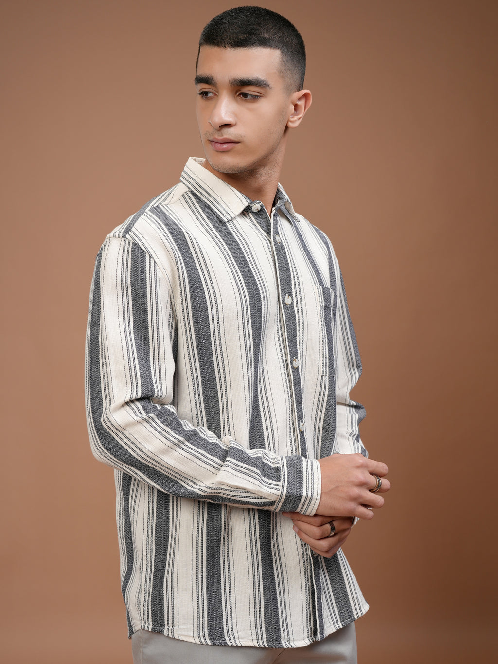 Highlander Men Cream Striped Relaxed Fit Casual Shirt - Cream - Image 6