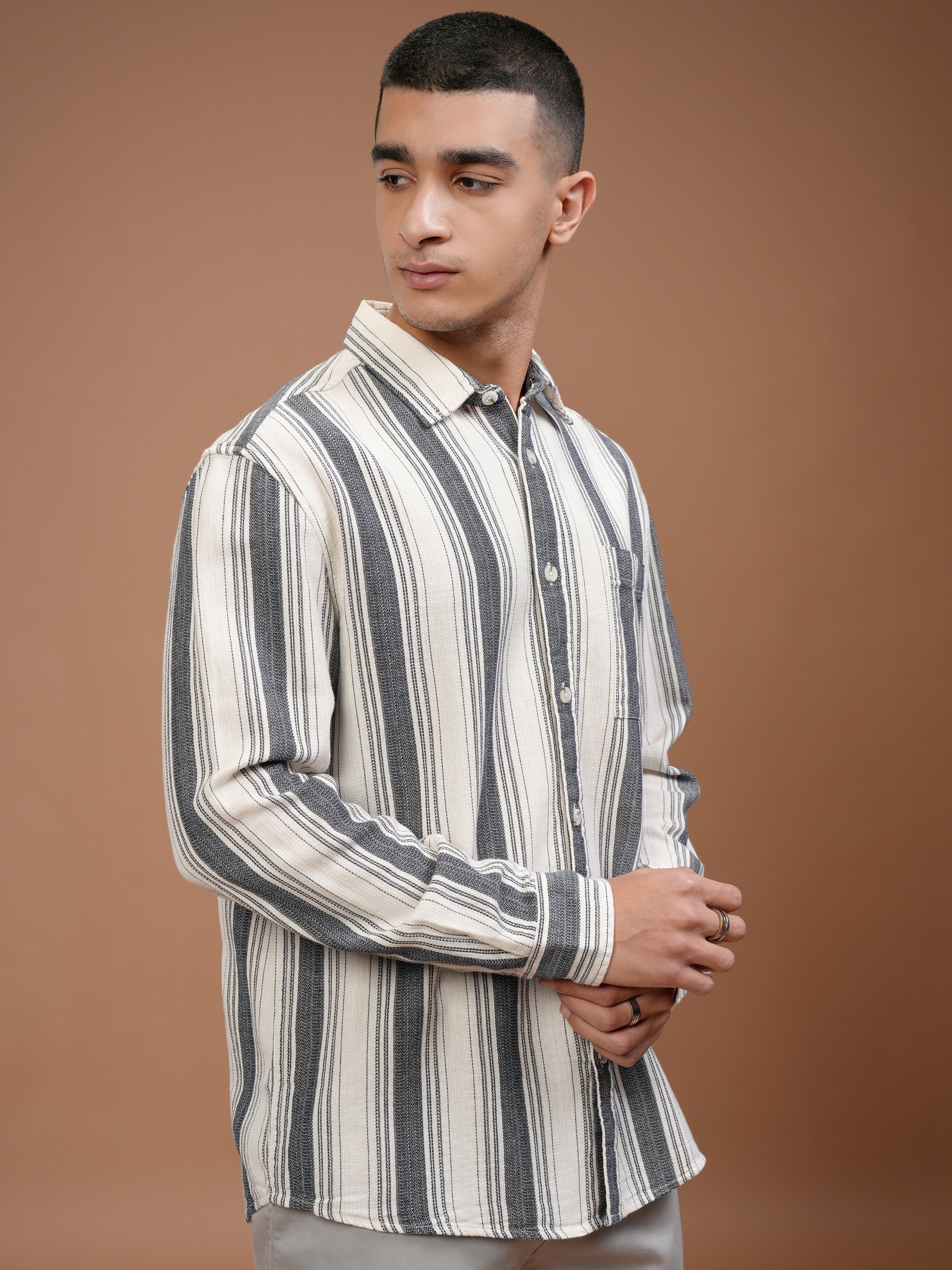 Highlander Men Cream Striped Relaxed Fit Casual Shirt - Cream - Image 6