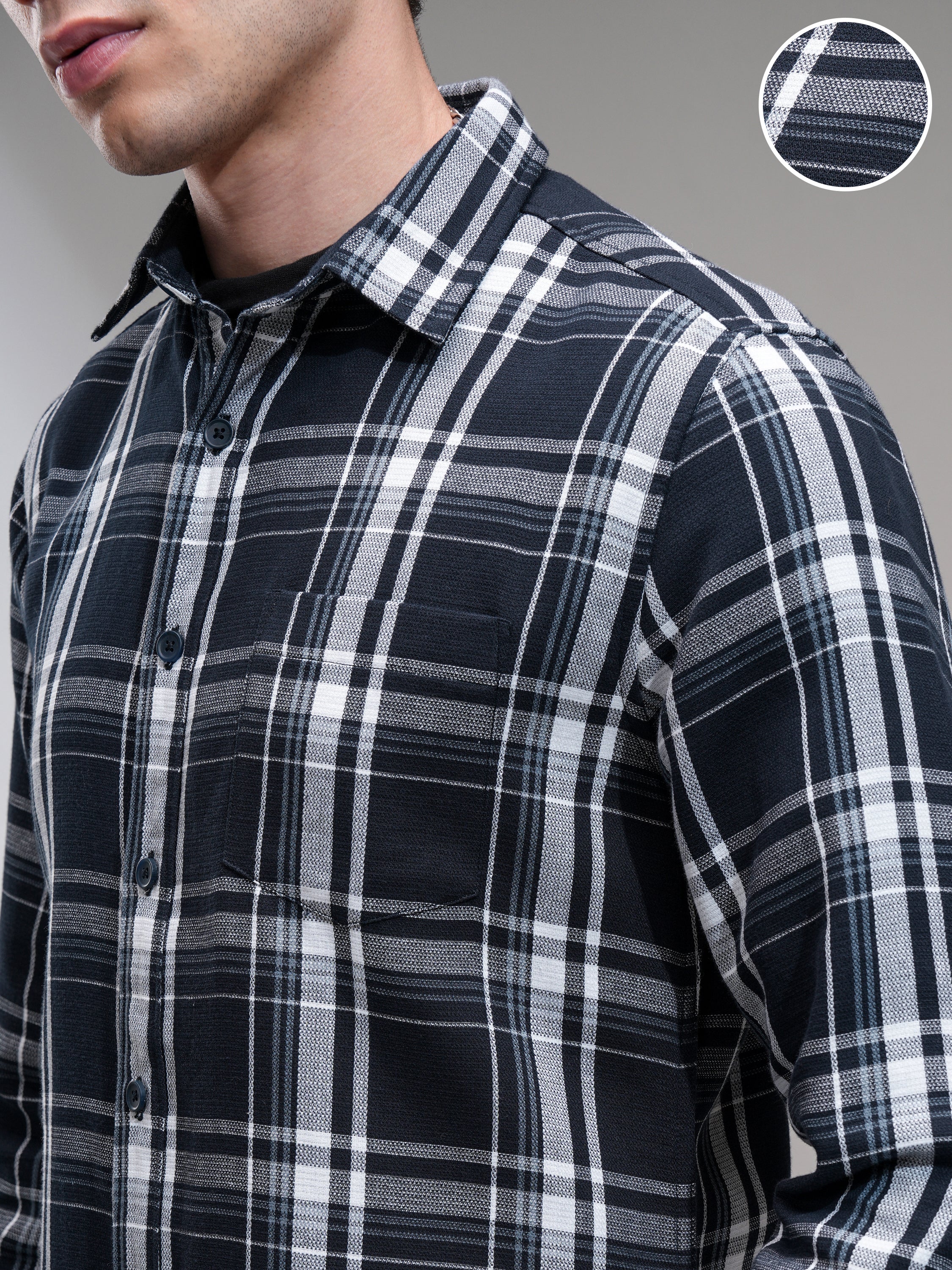 Highlander Men Navy Blue Checked Slim Fit Casual Shirt - Navy Blue - Image 5