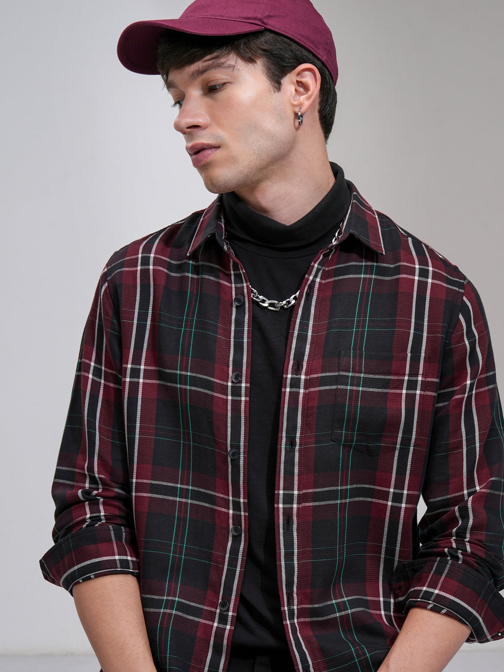 Highlander Men Maroon Checked Slim Fit Casual Shirt - Maroon - Image 1