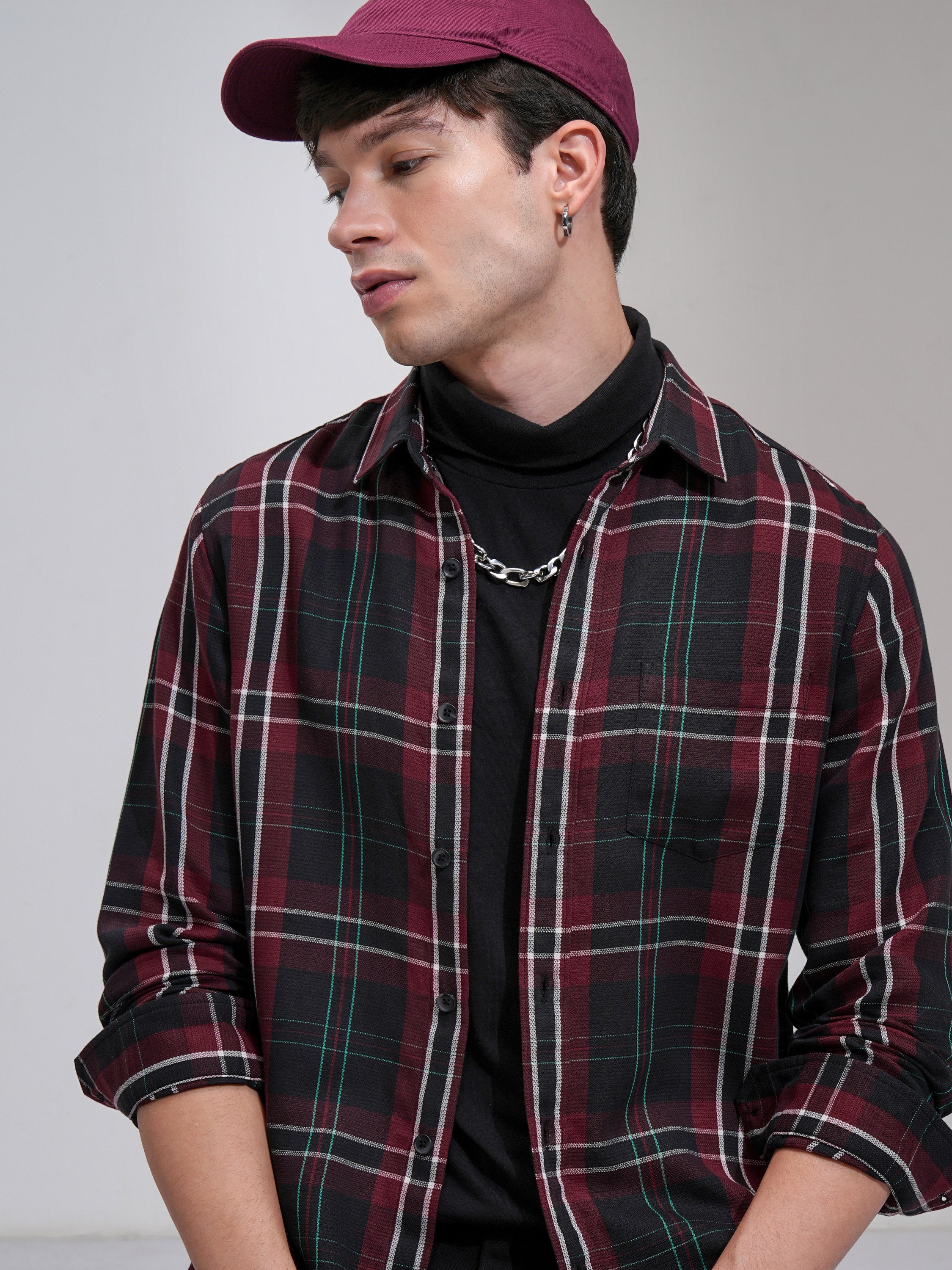 Highlander Men Maroon Checked Slim Fit Casual Shirt - Maroon - Image 1