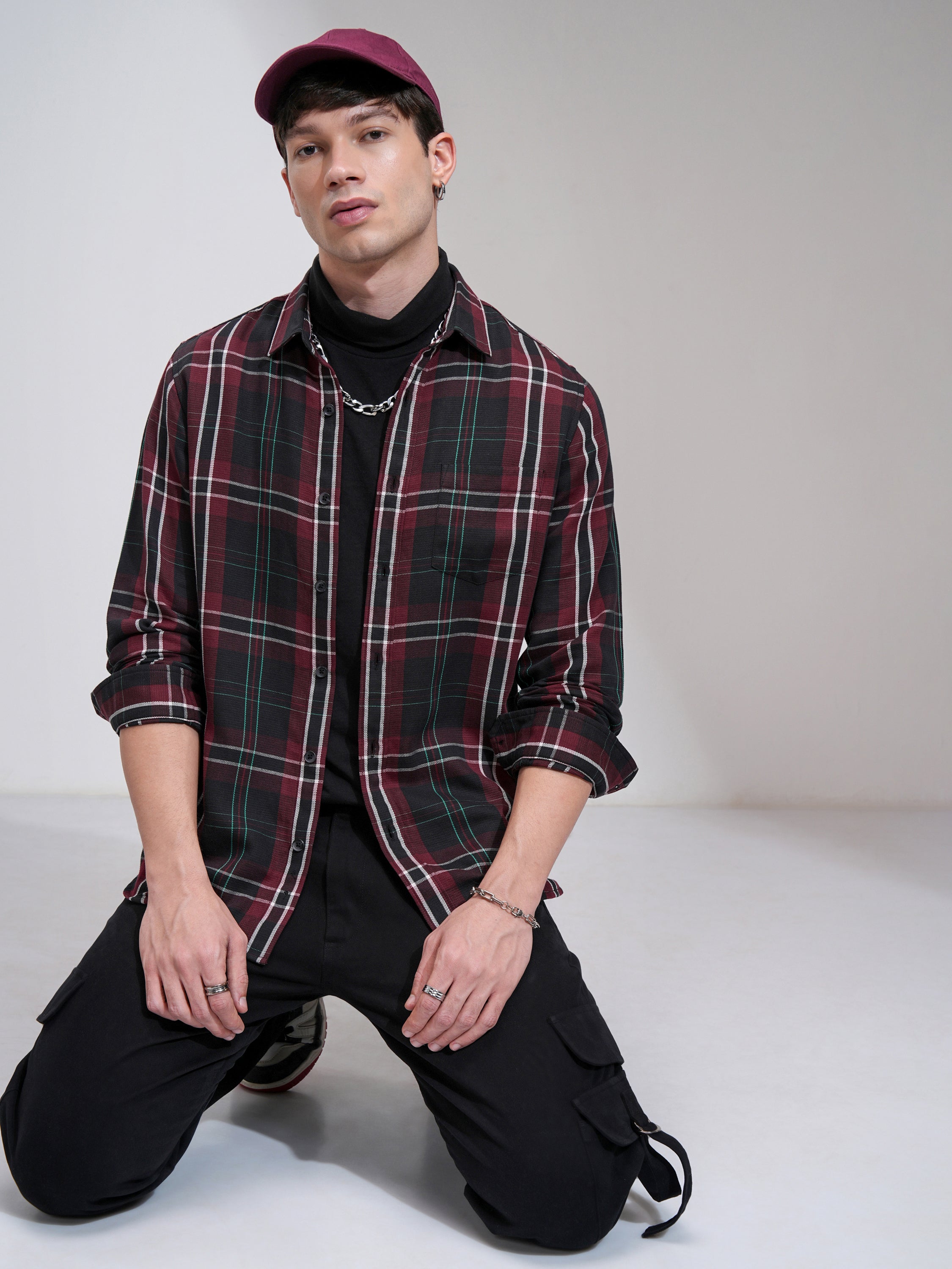 Highlander Men Maroon Checked Slim Fit Casual Shirt - Maroon - Image 2