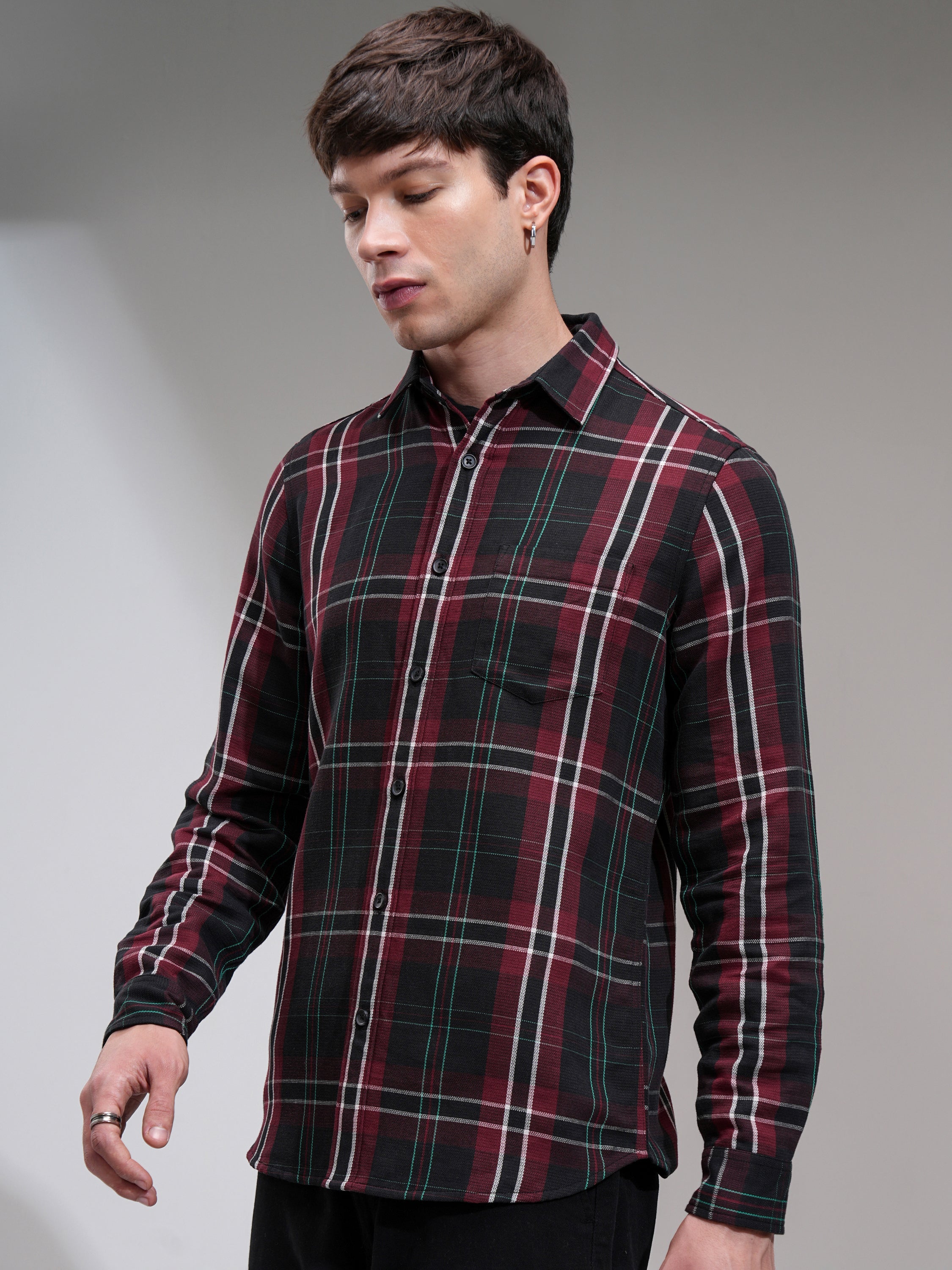 Highlander Men Maroon Checked Slim Fit Casual Shirt - Maroon - Image 4